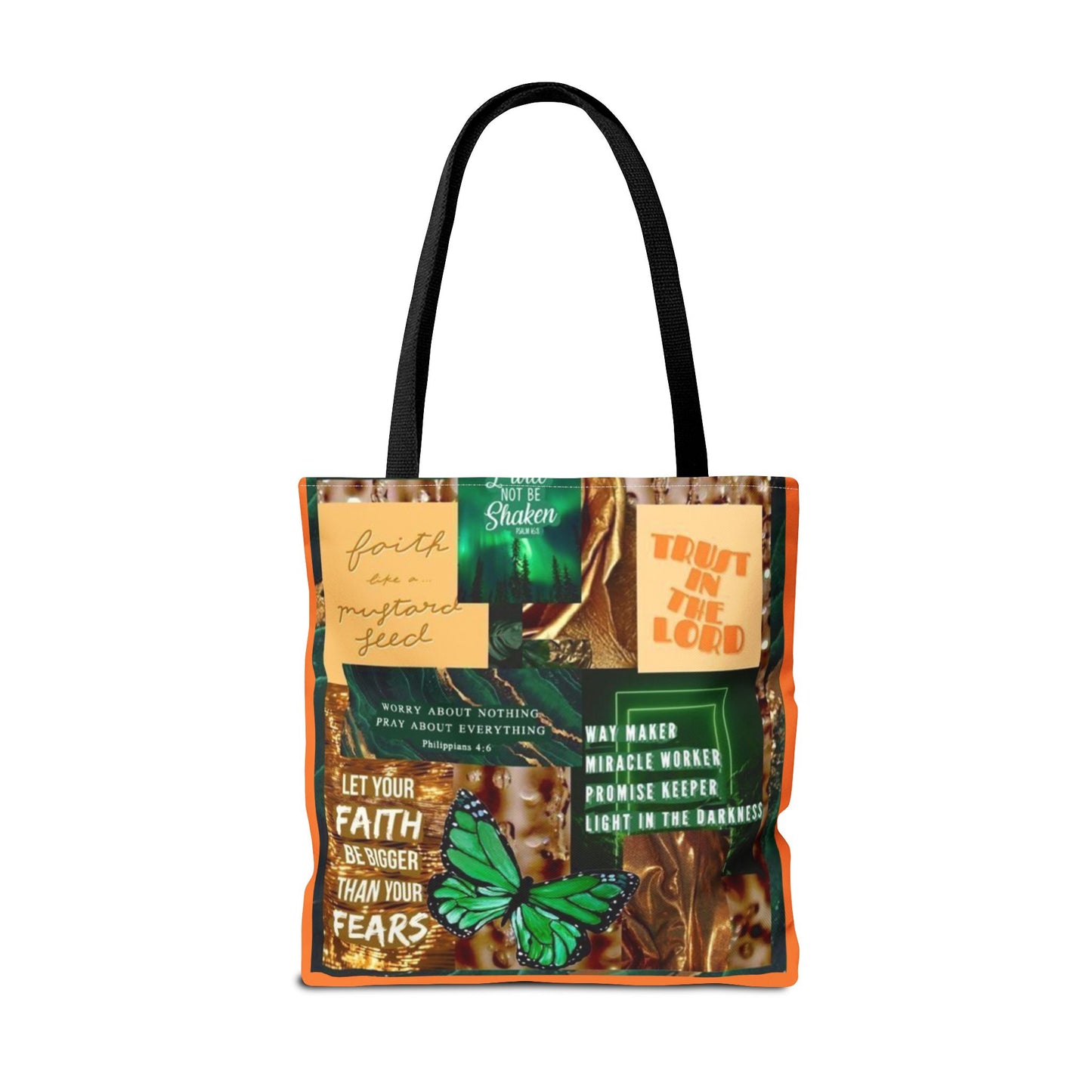 Faith over fear tote green and orange scripture collage bag