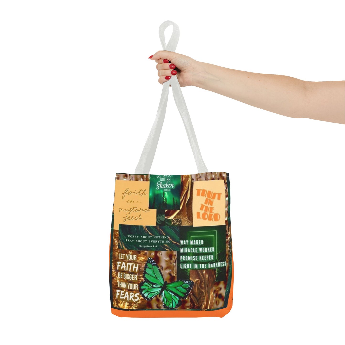 Faith over fear tote green and orange scripture collage bag