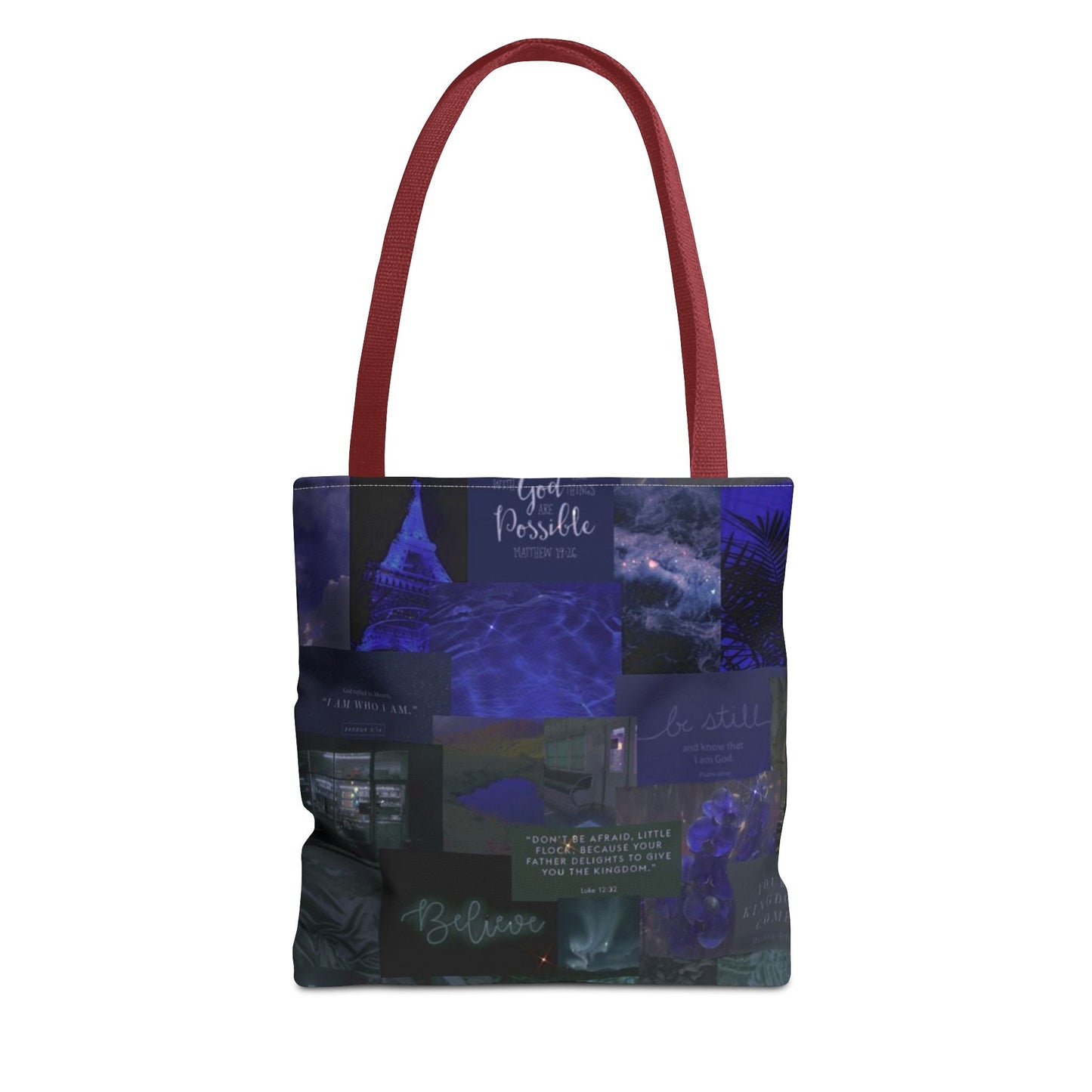 Believe & be still tote midnight blue faith collage