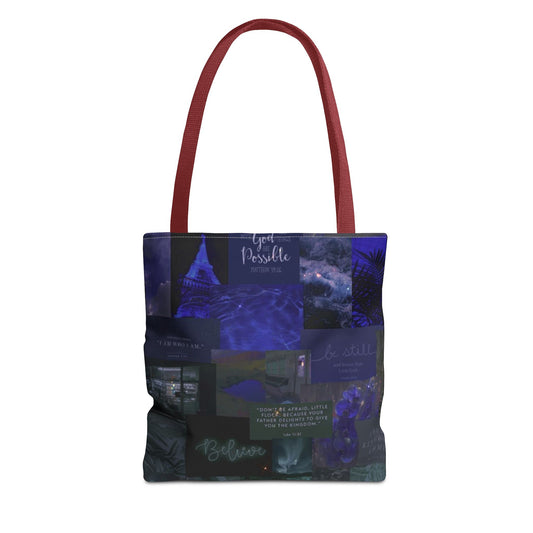 Believe & be still tote midnight blue faith collage