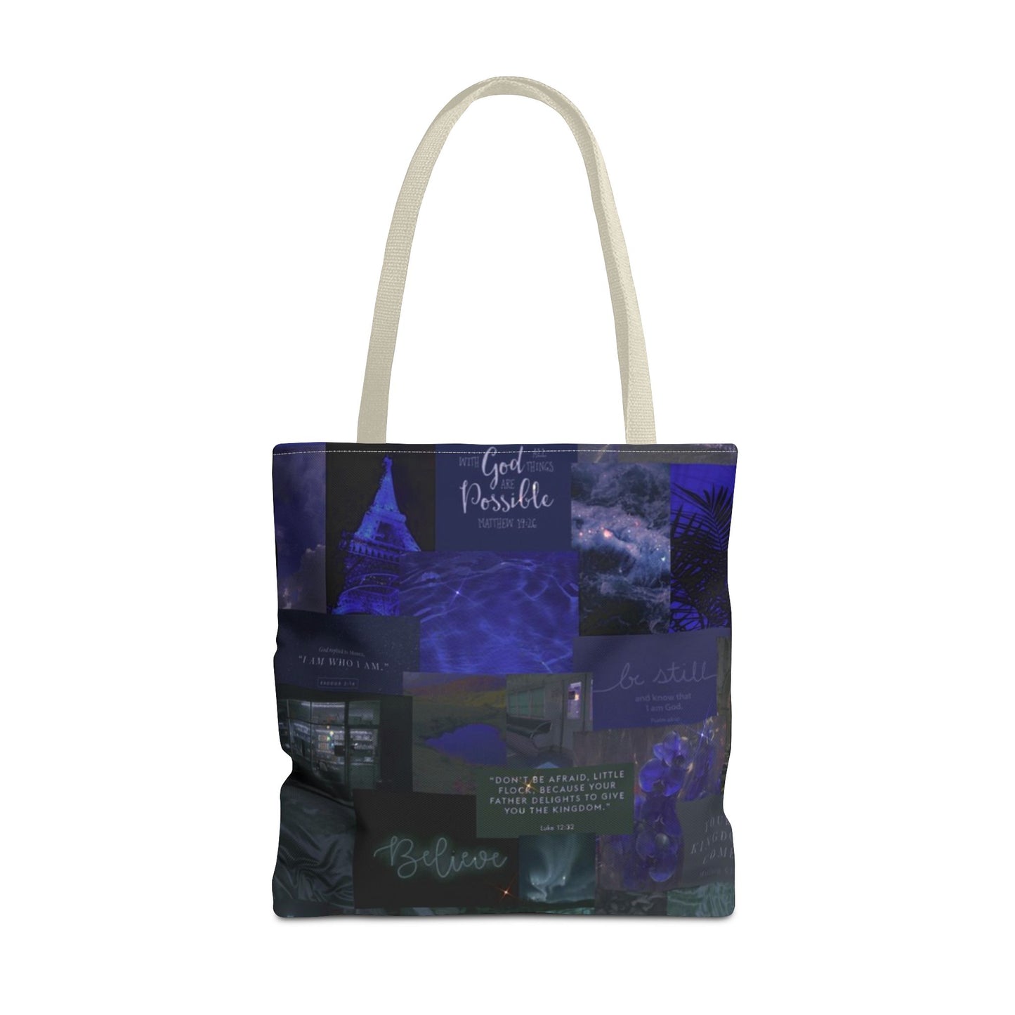 Believe & be still tote midnight blue faith collage