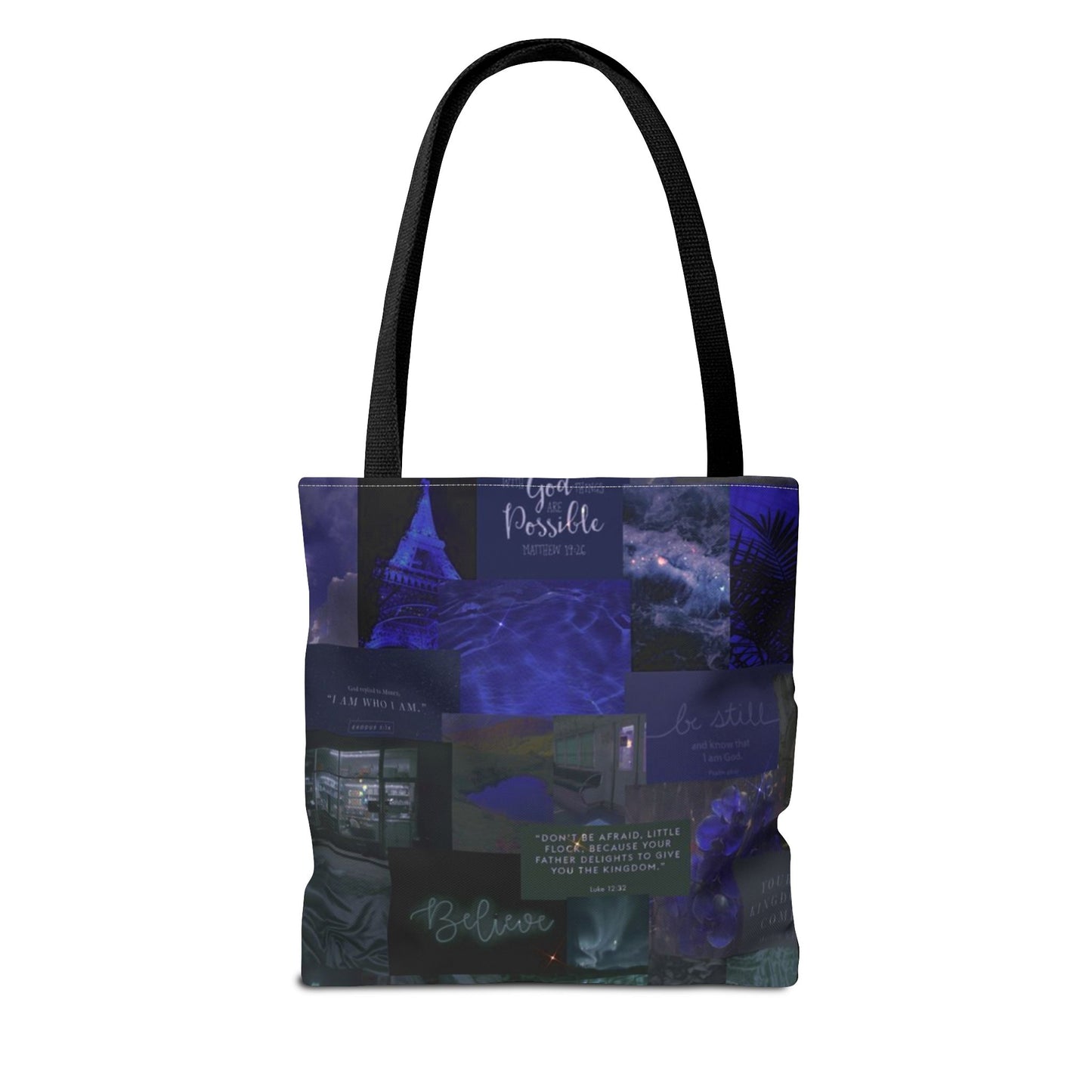 Believe & be still tote midnight blue faith collage