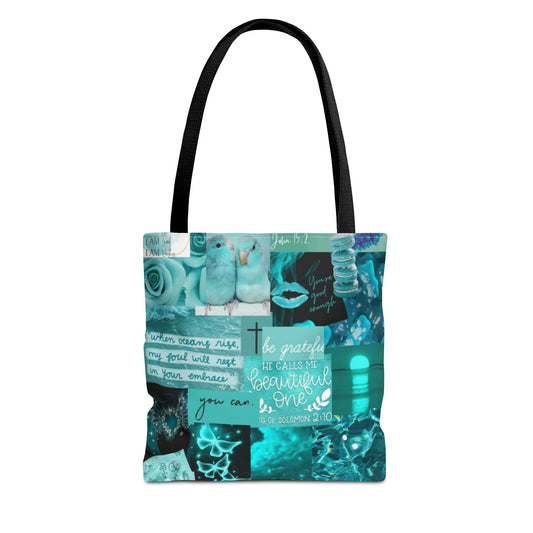 Beautiful one tote teal blue identity & scripture collage
