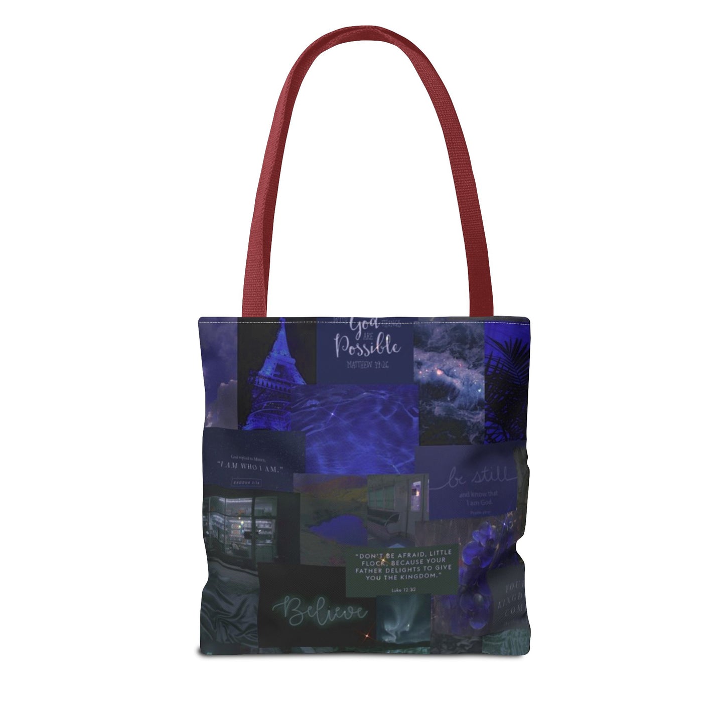 Believe & be still tote midnight blue faith collage