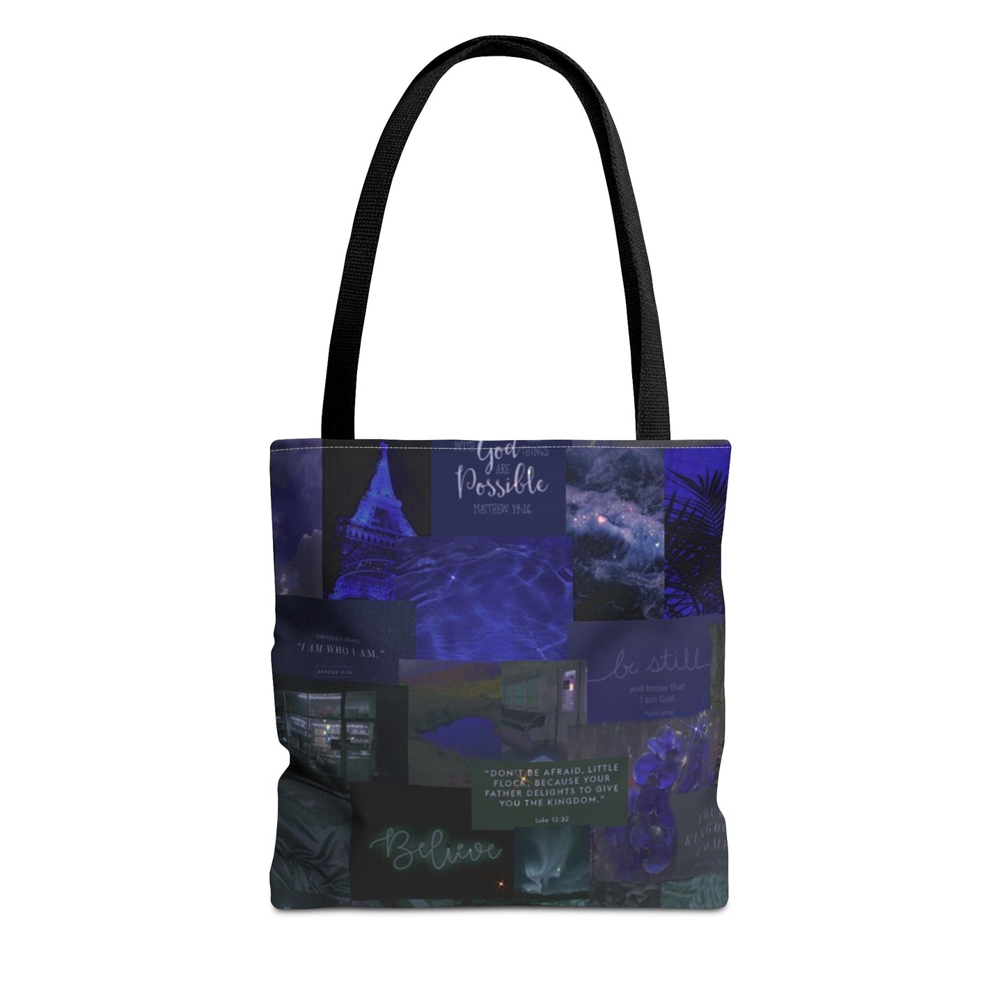 Believe & be still tote midnight blue faith collage