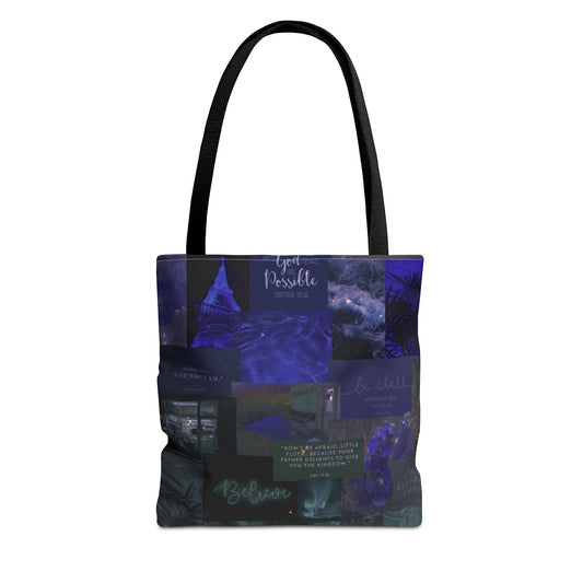 Believe & be still tote midnight blue faith collage
