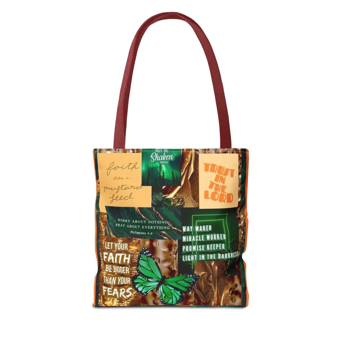 Faith over fear tote green and orange scripture collage bag