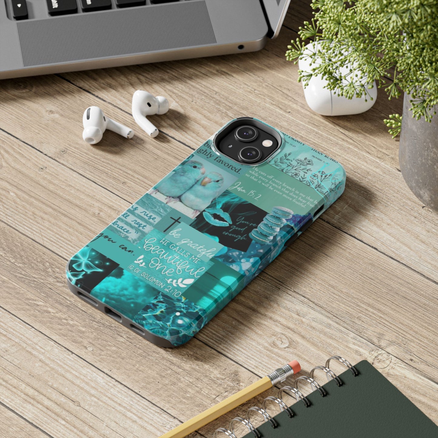 Beautiful one phone case aqua teal scripture collage