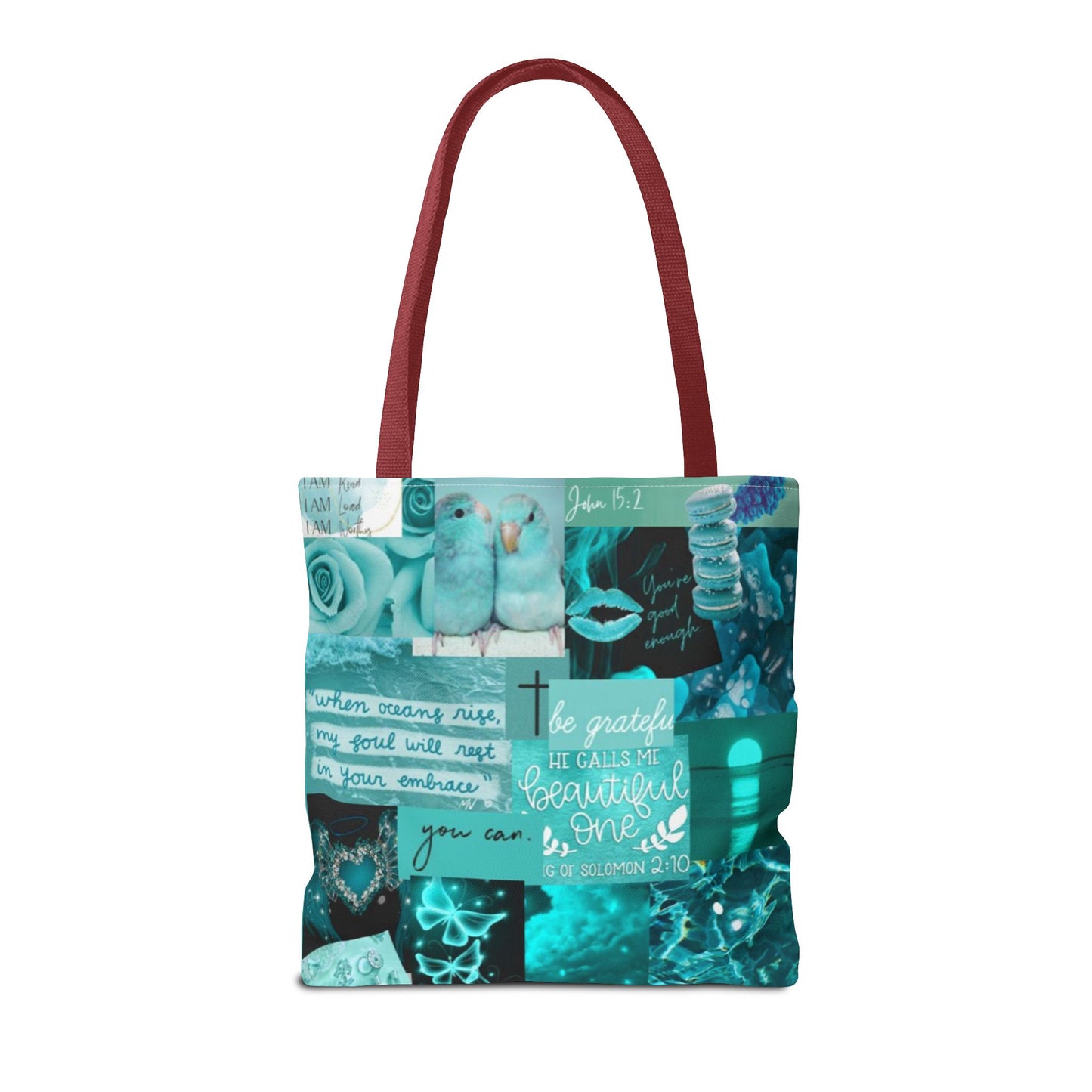 Beautiful one tote teal blue identity & scripture collage