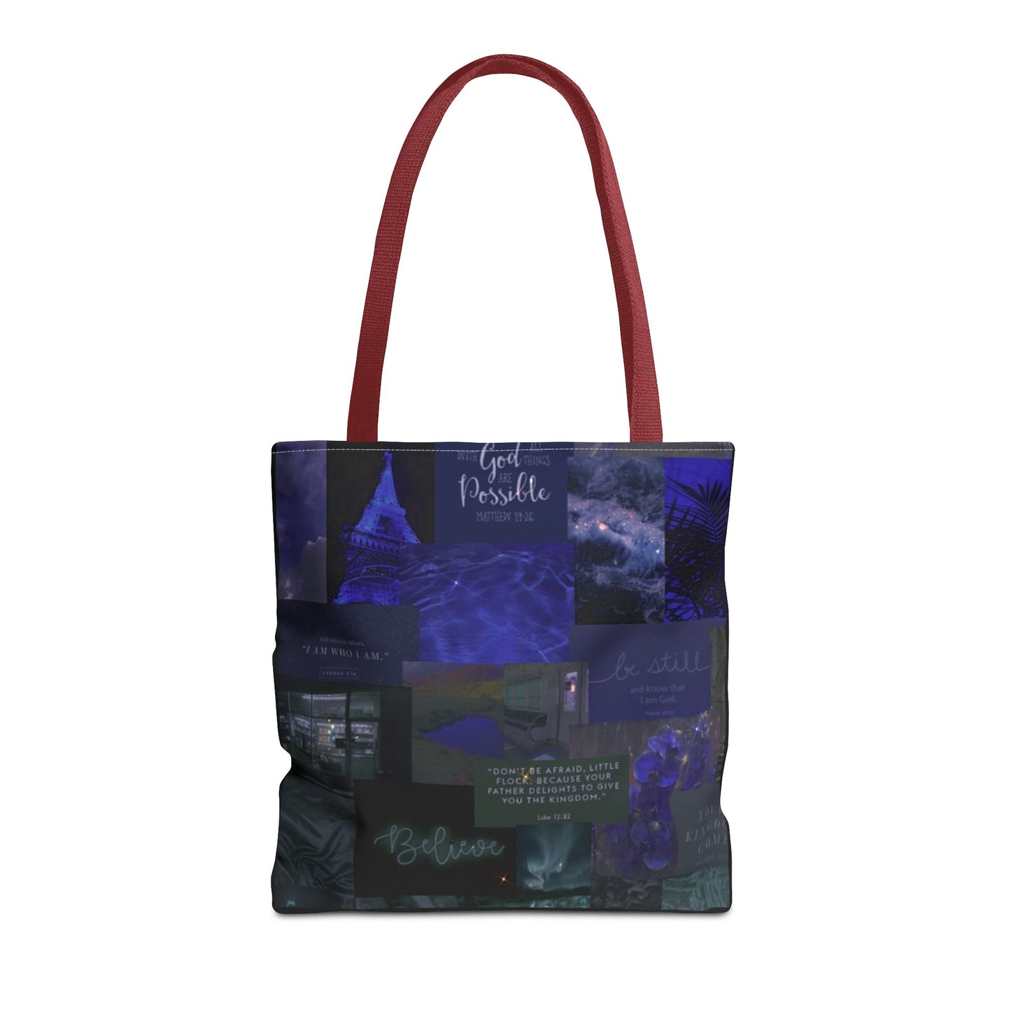Believe & be still tote midnight blue faith collage