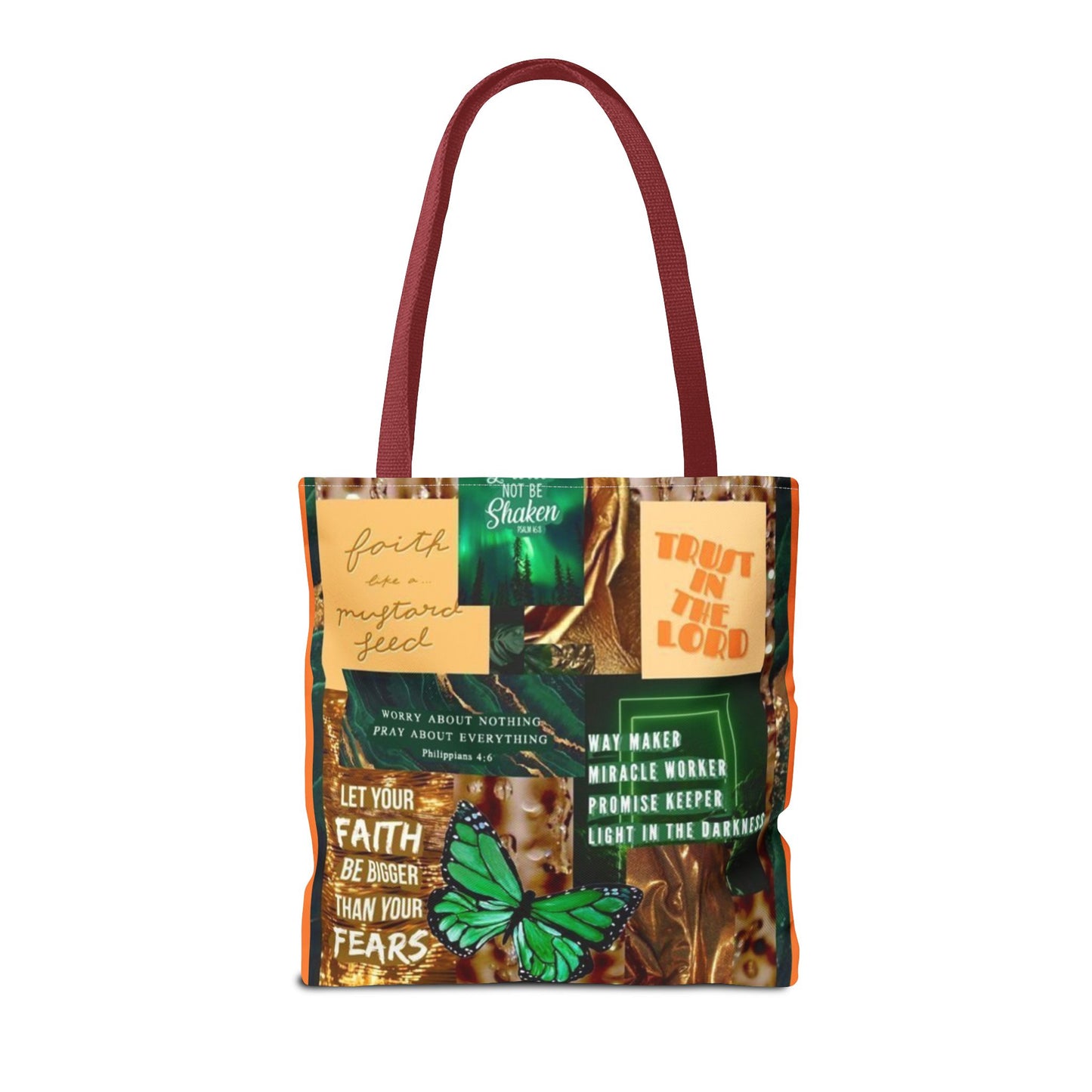 Faith over fear tote green and orange scripture collage bag