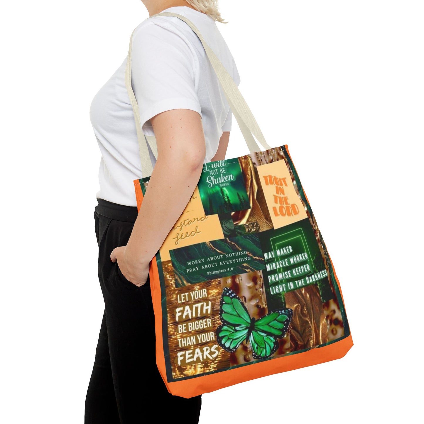 Faith over fear tote green and orange scripture collage bag