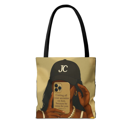 Chic Motivational Tote Bag - "Casting All Your Anxieties on Him" Design