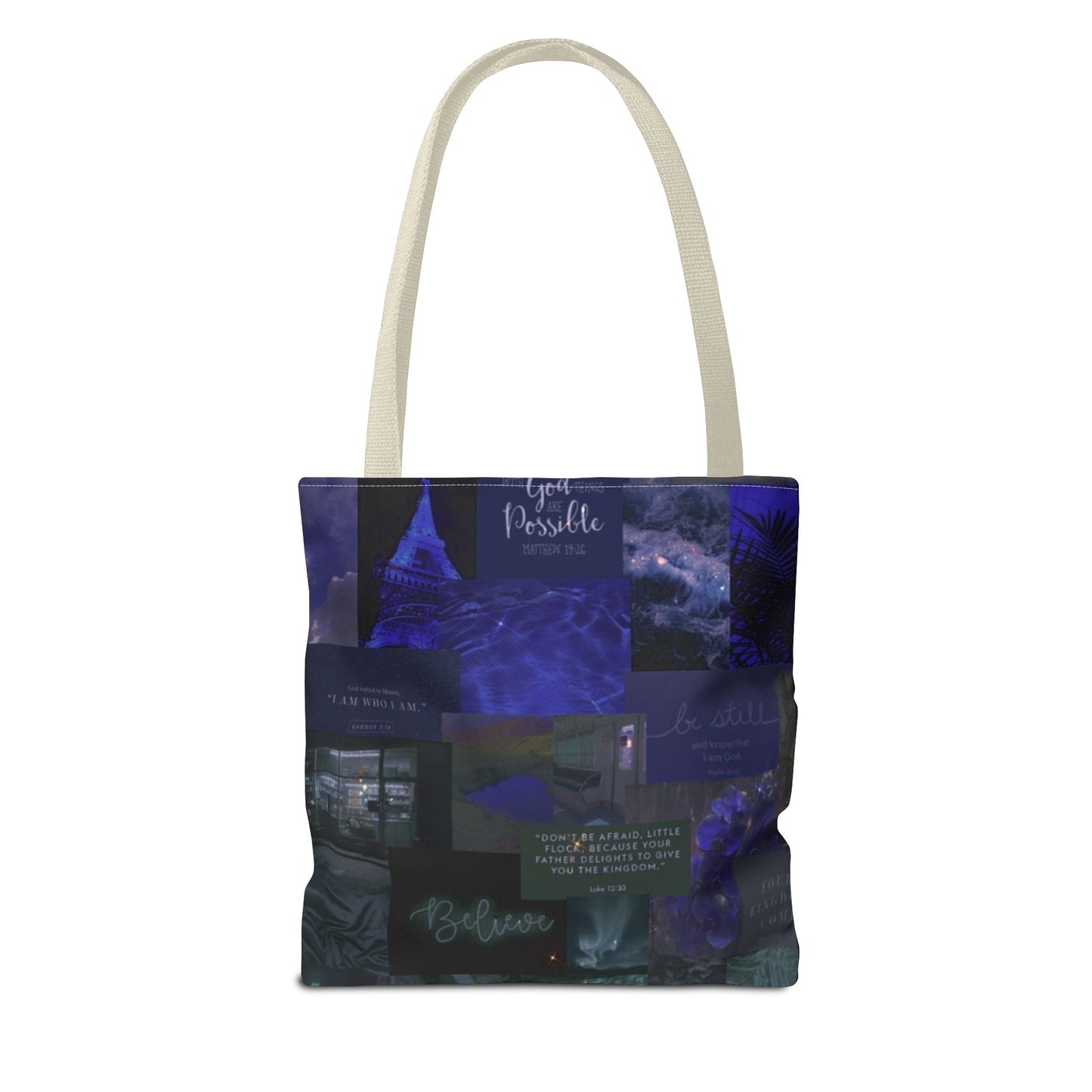 Believe & be still tote midnight blue faith collage