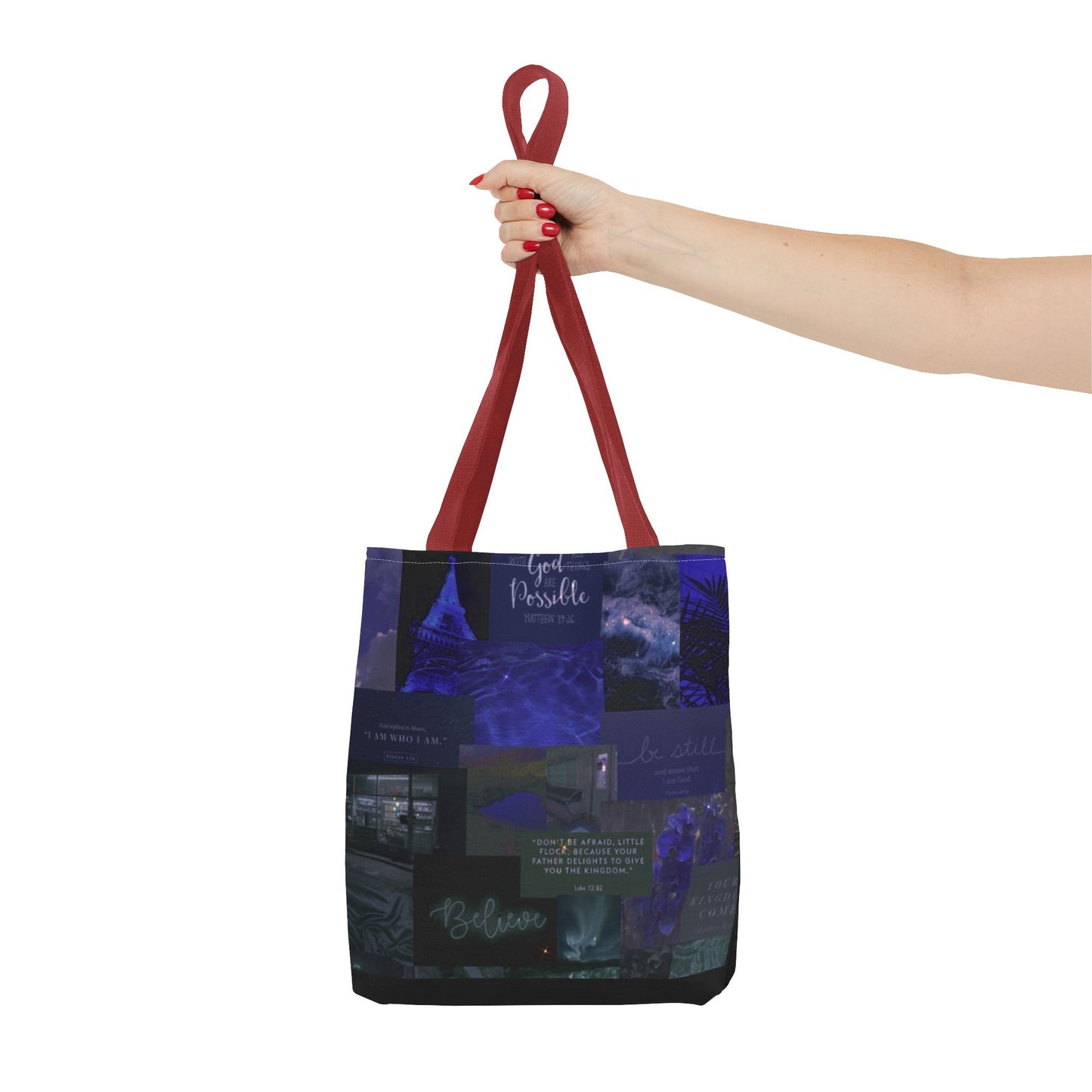Believe & be still tote midnight blue faith collage