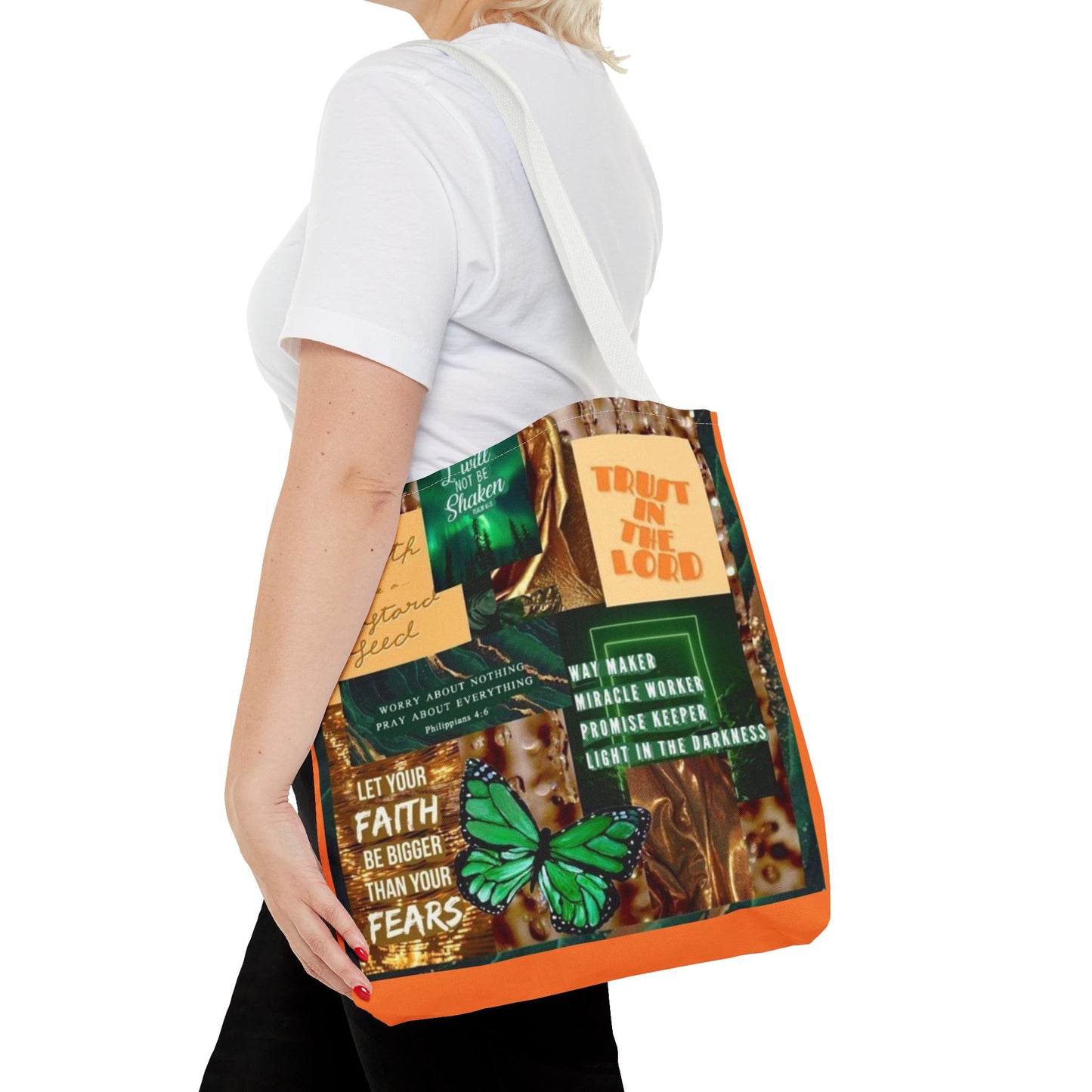 Faith over fear tote green and orange scripture collage bag