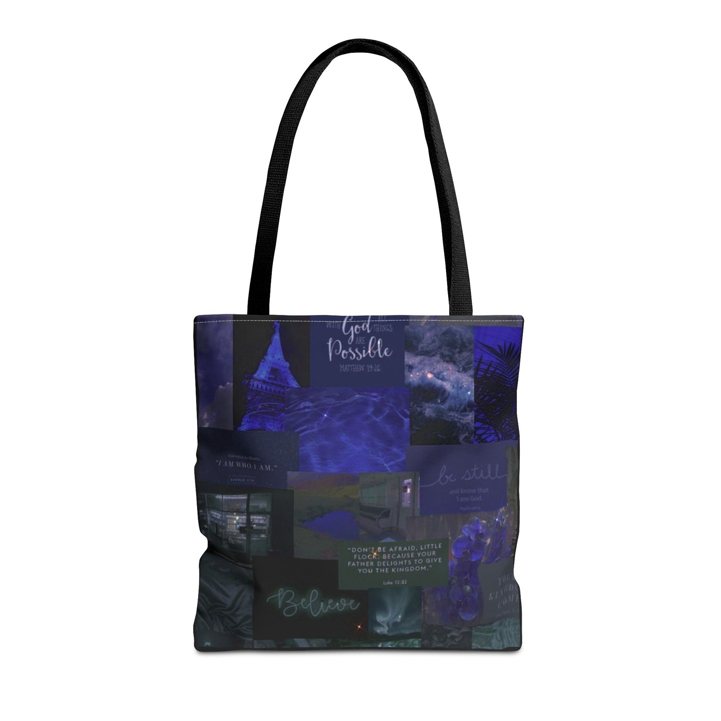 Believe & be still tote midnight blue faith collage