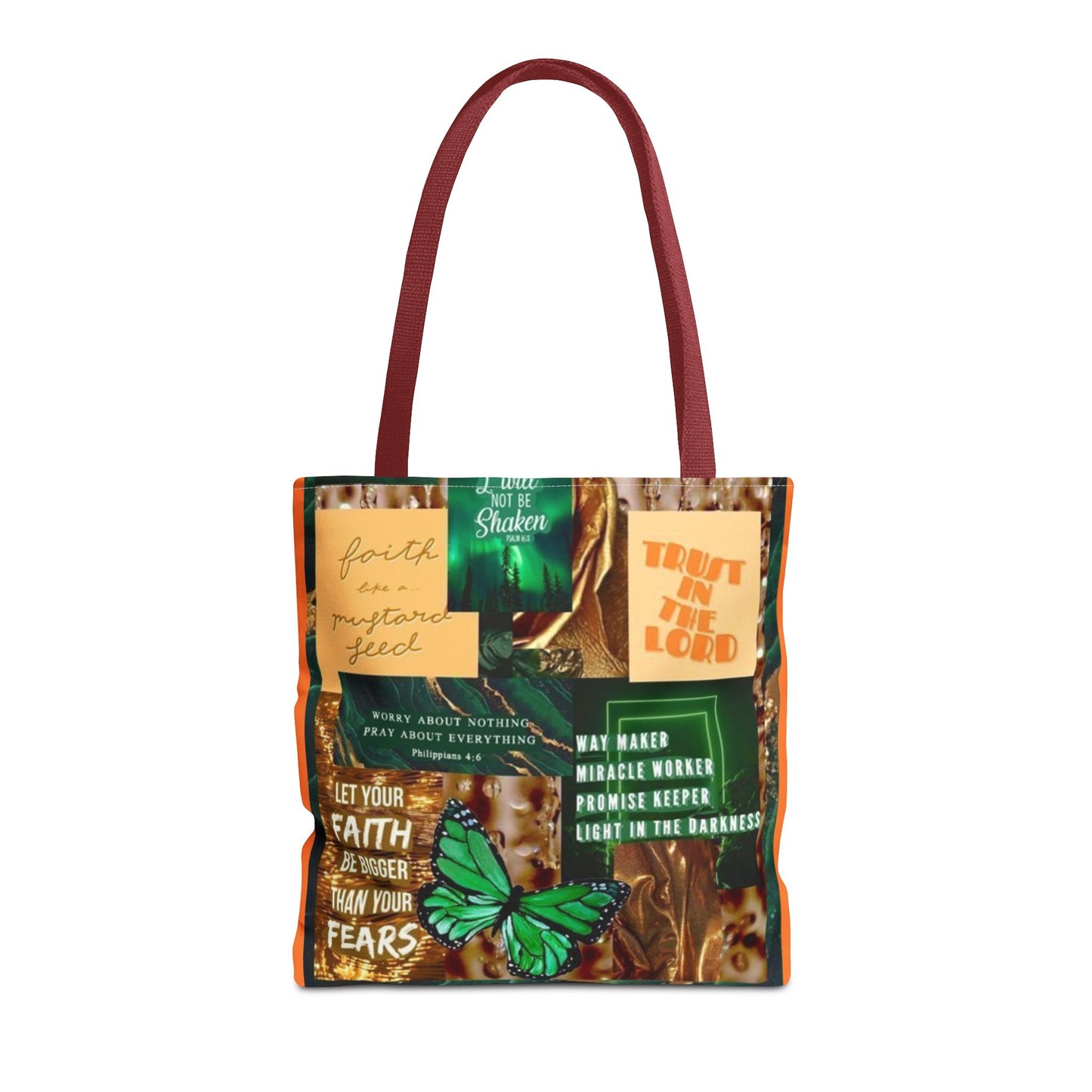 Faith over fear tote green and orange scripture collage bag