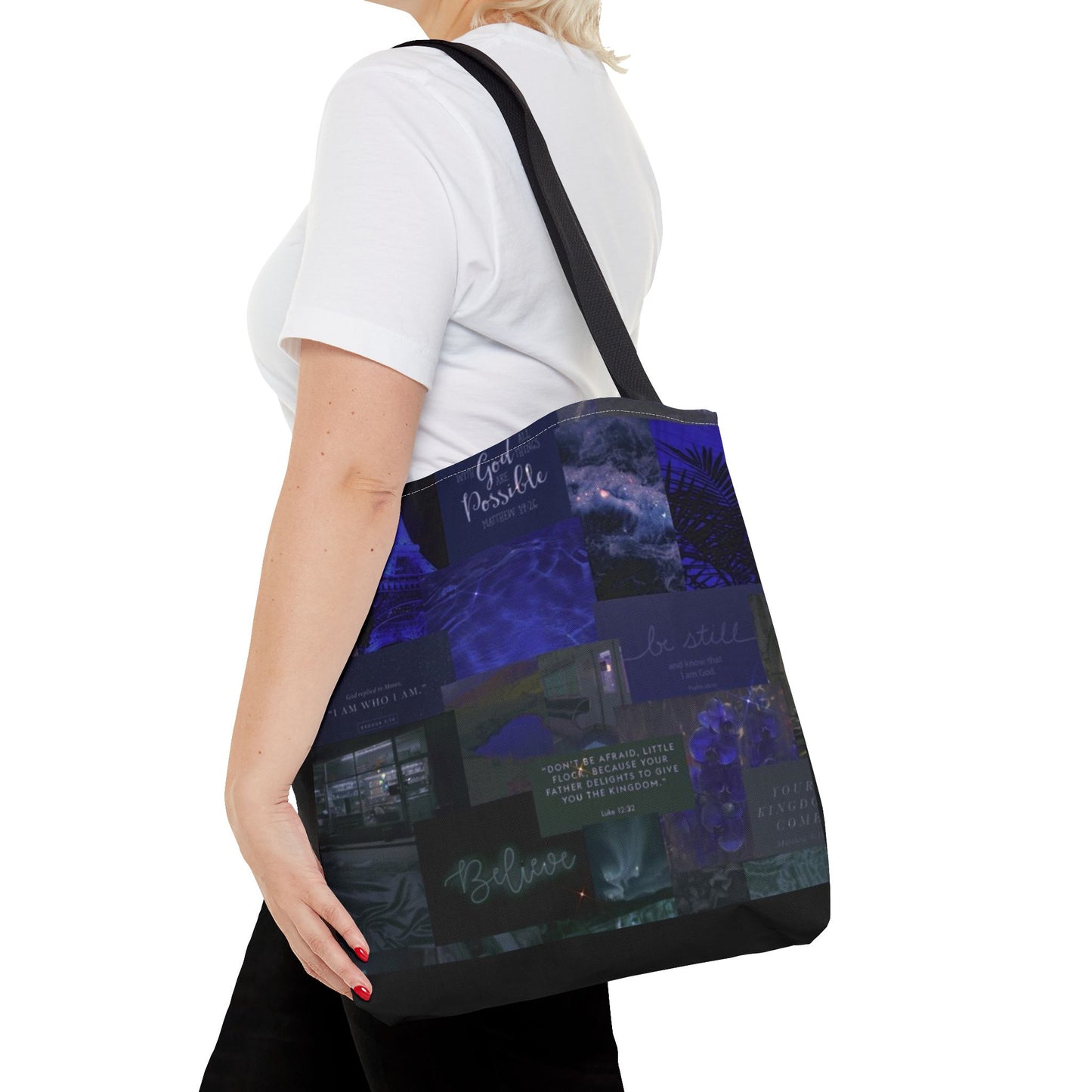 Believe & be still tote midnight blue faith collage