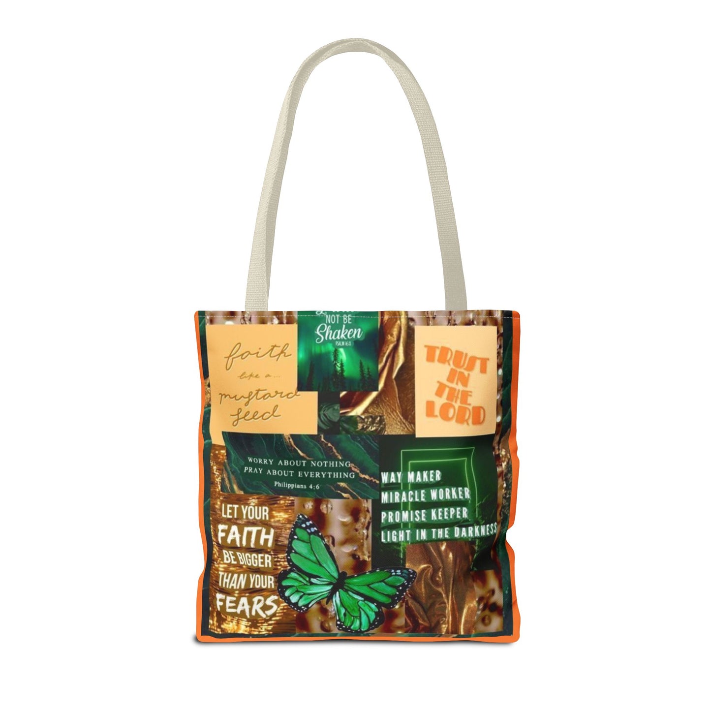 Faith over fear tote green and orange scripture collage bag