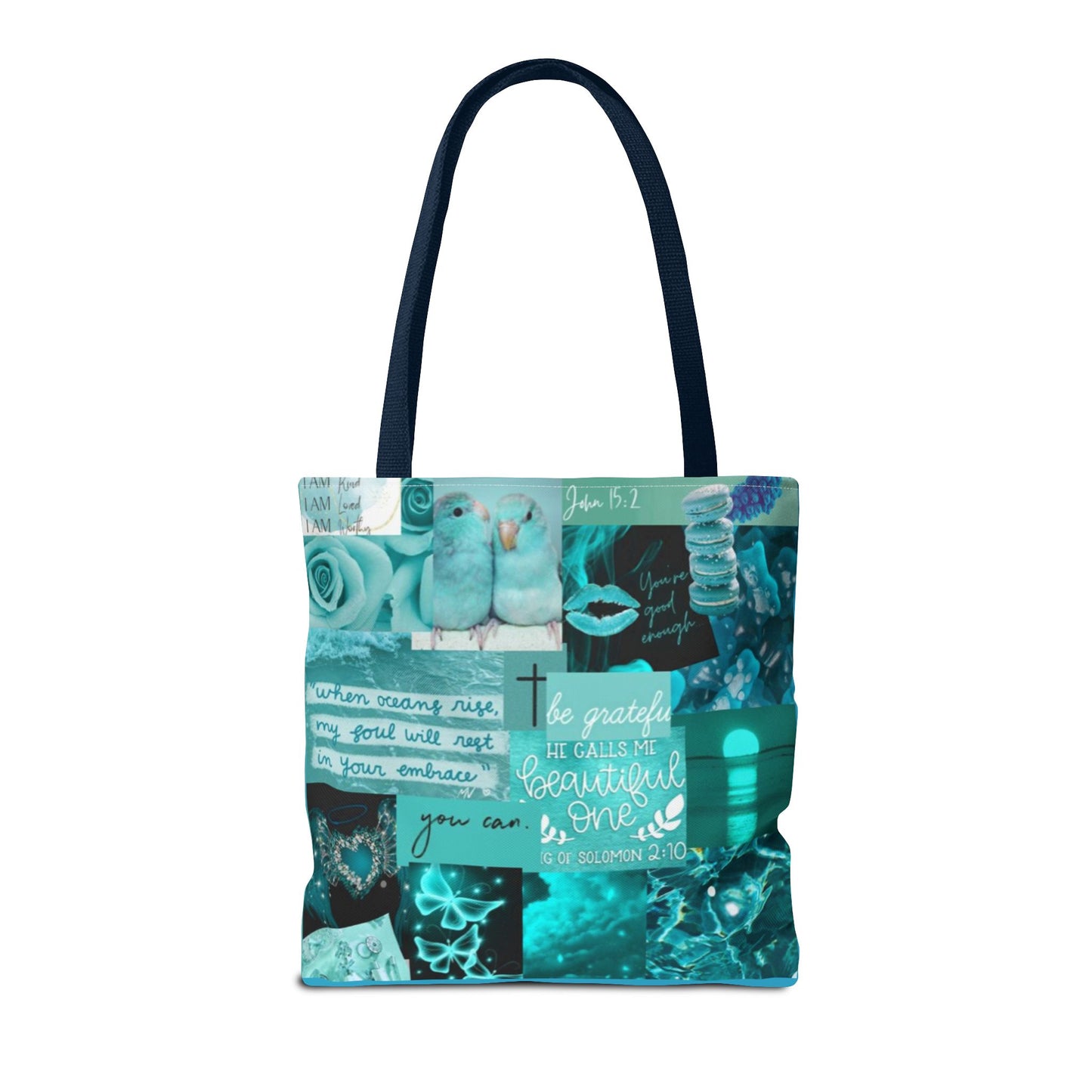Beautiful one tote teal blue identity & scripture collage