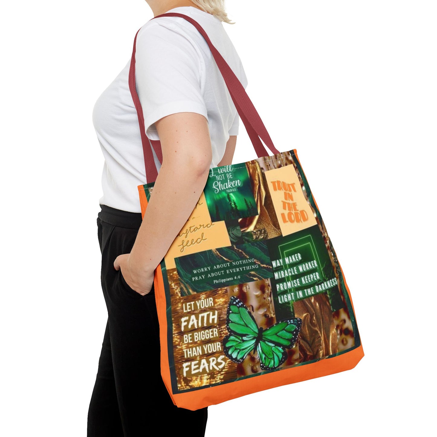 Faith over fear tote green and orange scripture collage bag