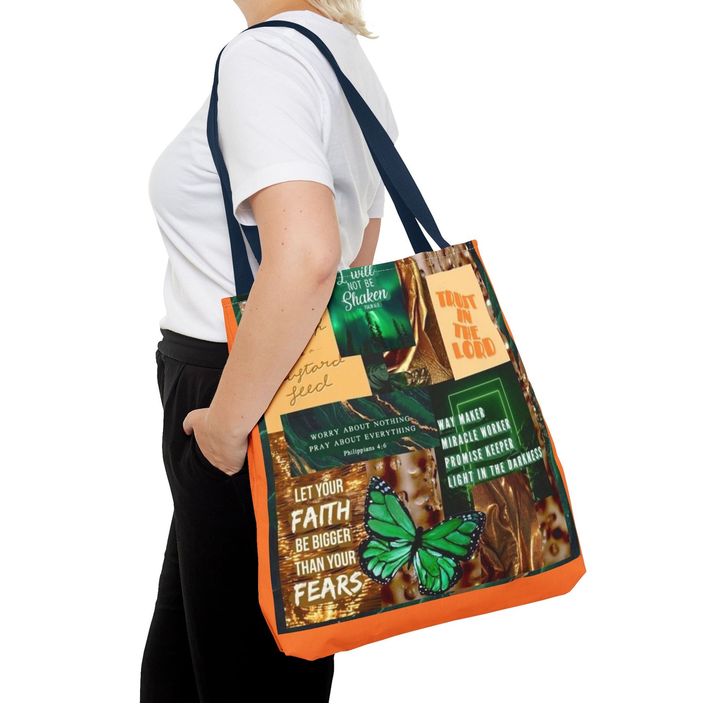 Faith over fear tote green and orange scripture collage bag