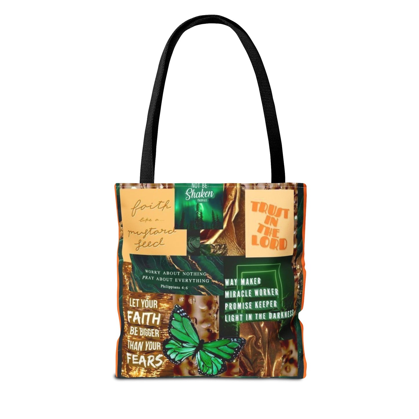 Faith over fear tote green and orange scripture collage bag