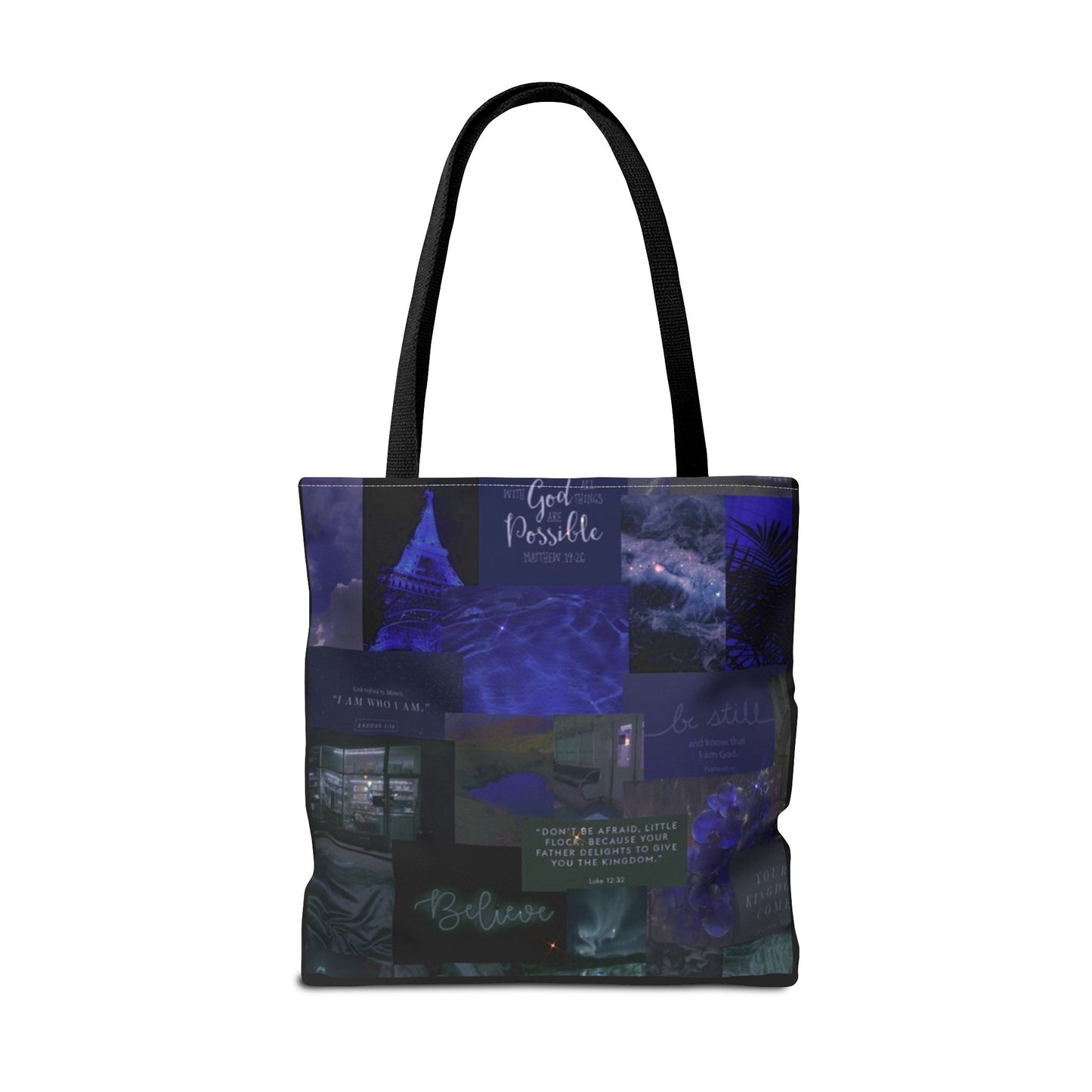 Believe & be still tote midnight blue faith collage