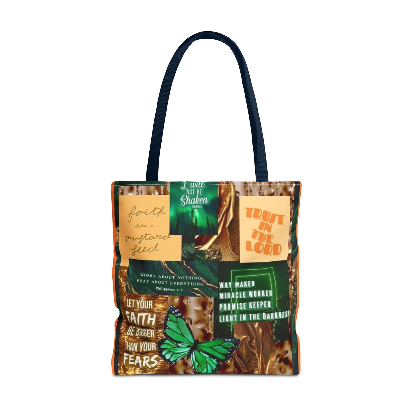 Faith over fear tote green and orange scripture collage bag