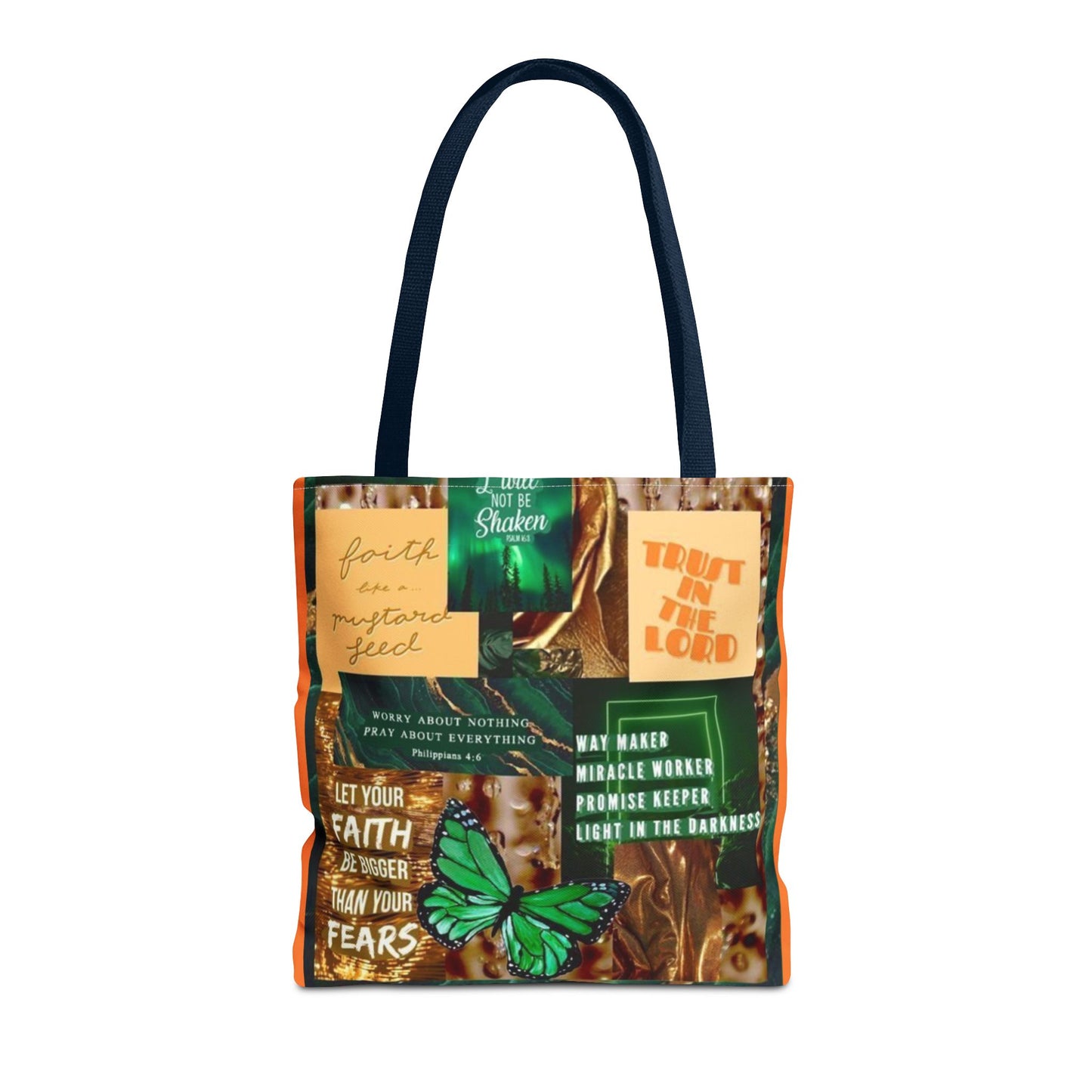 Faith over fear tote green and orange scripture collage bag