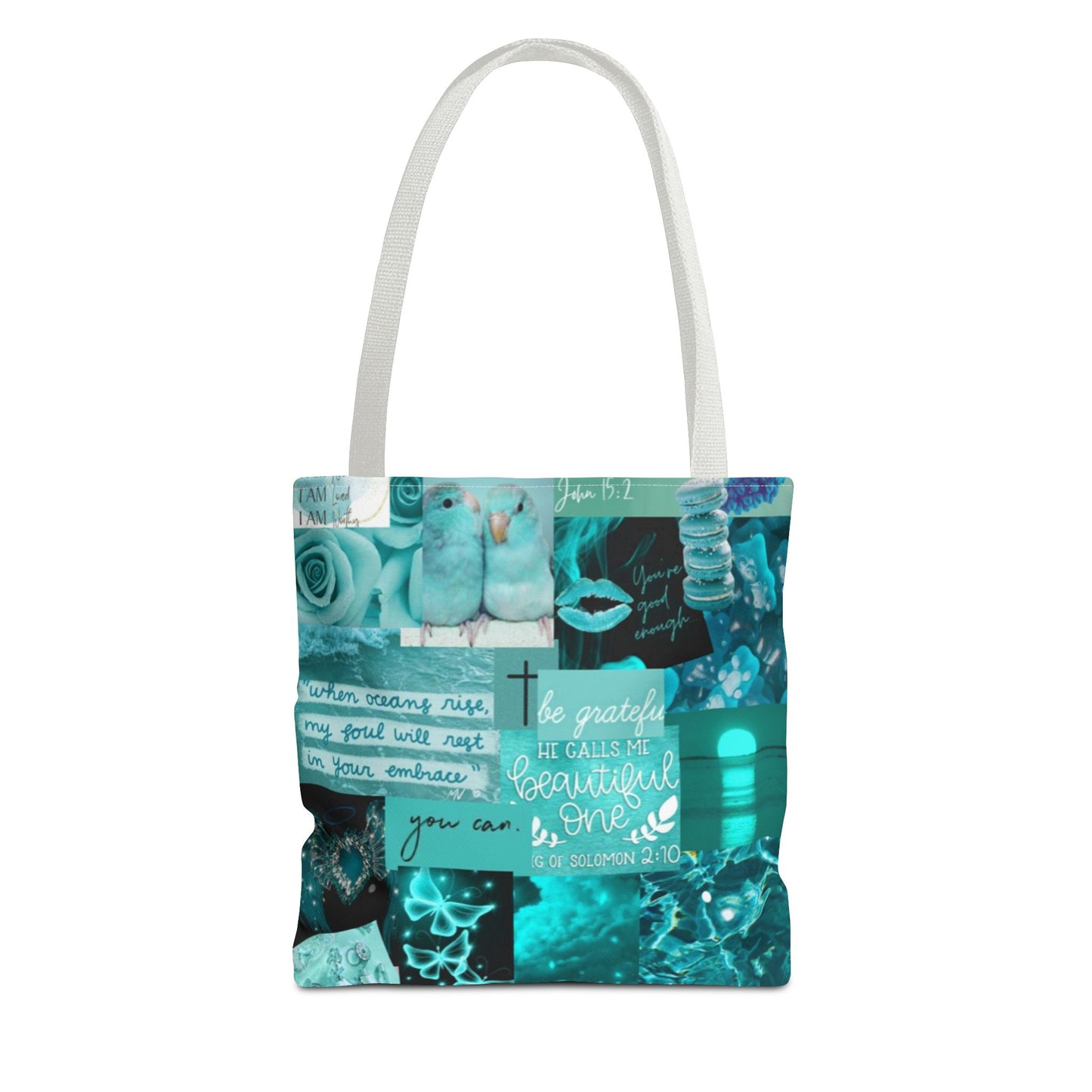 Beautiful one tote teal blue identity & scripture collage