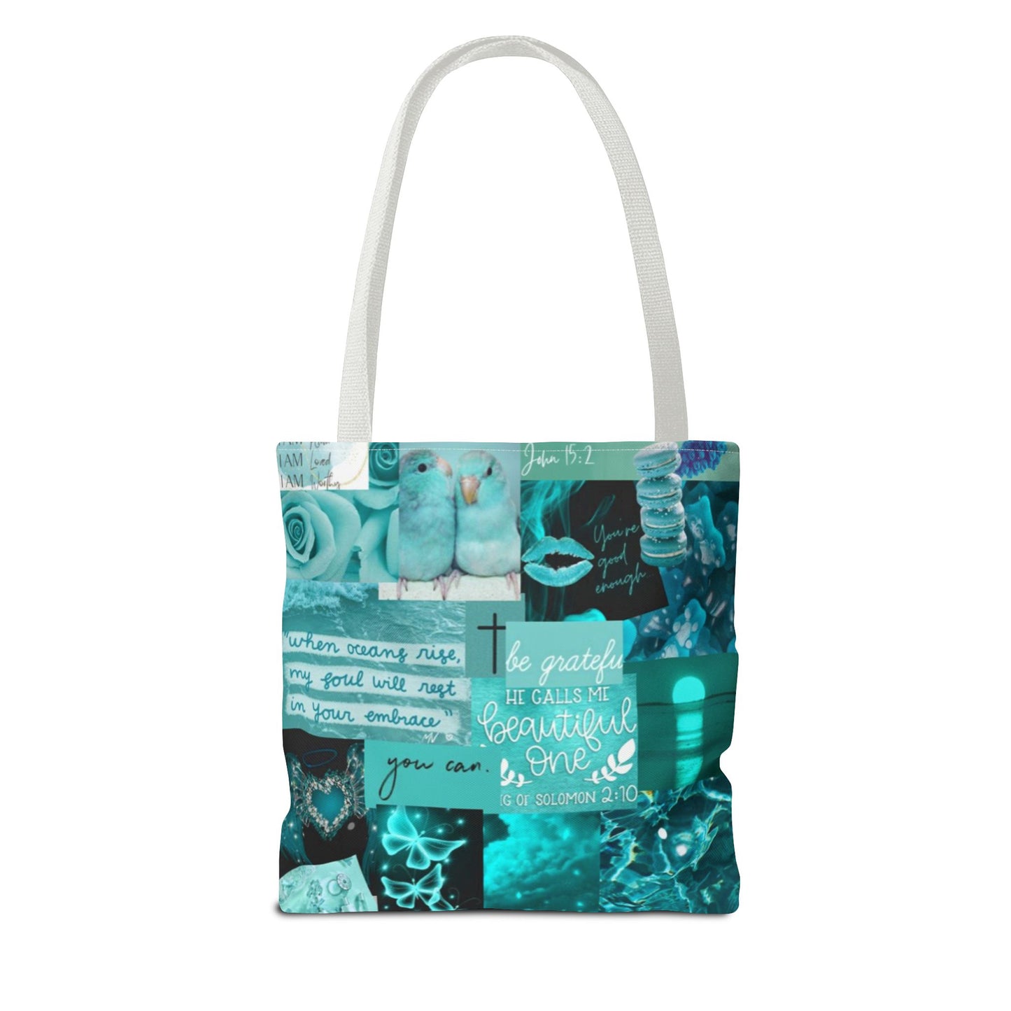 Beautiful one tote teal blue identity & scripture collage