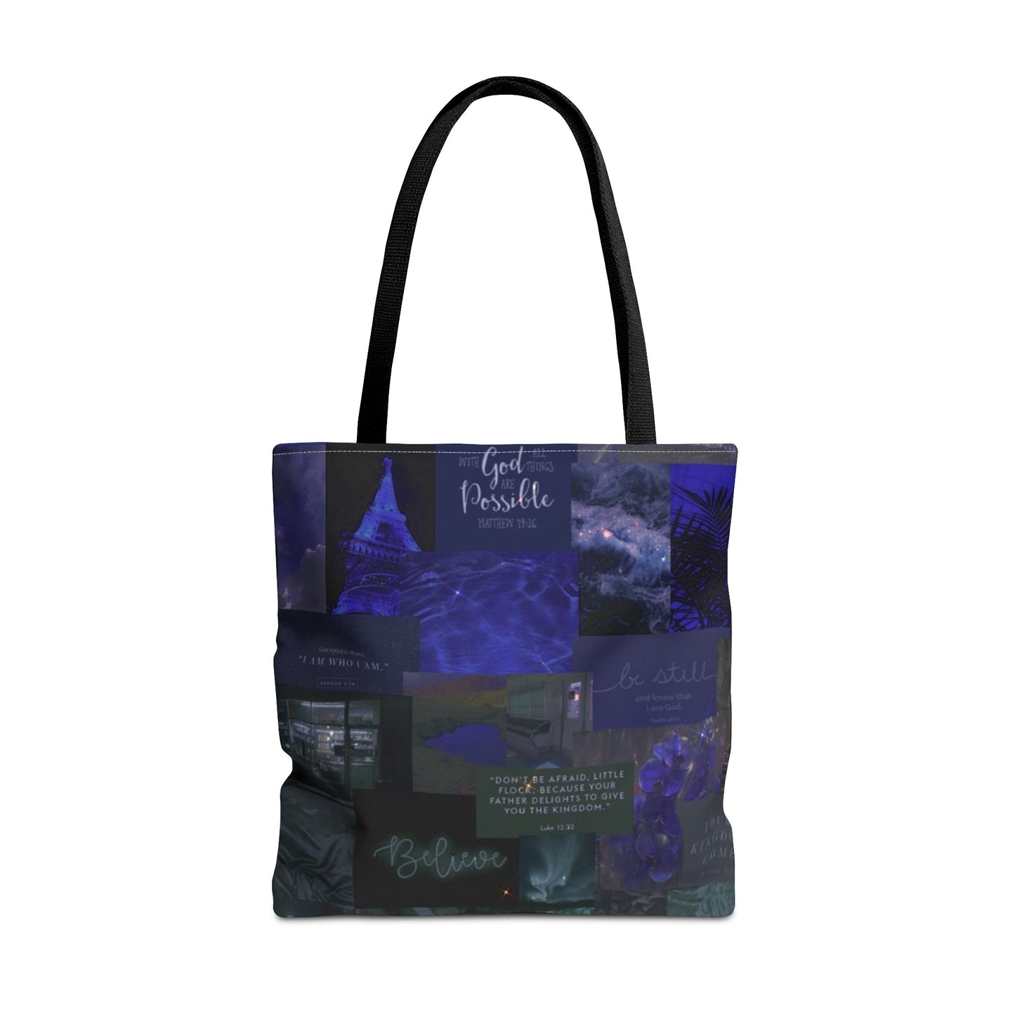 Believe & be still tote midnight blue faith collage