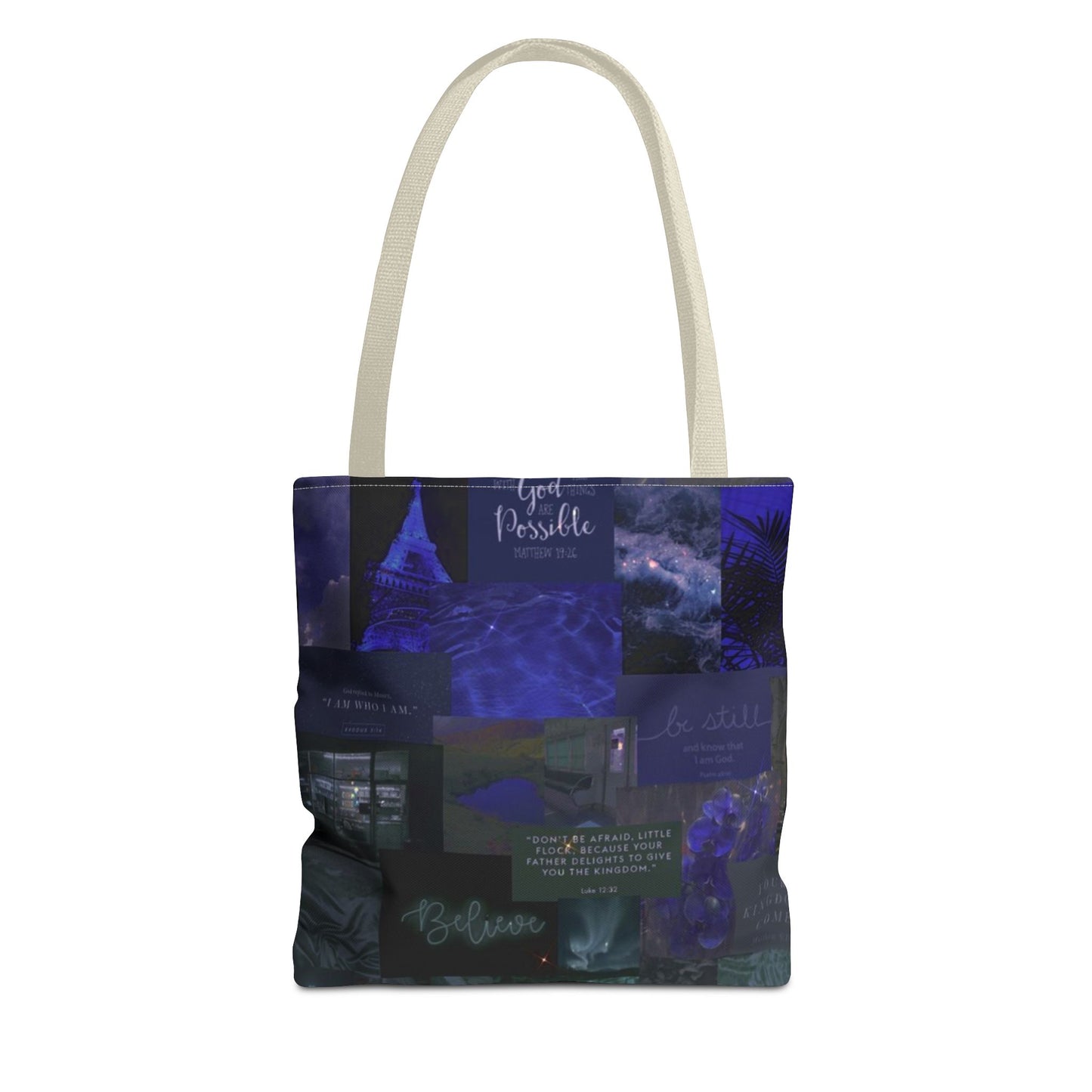 Believe & be still tote midnight blue faith collage