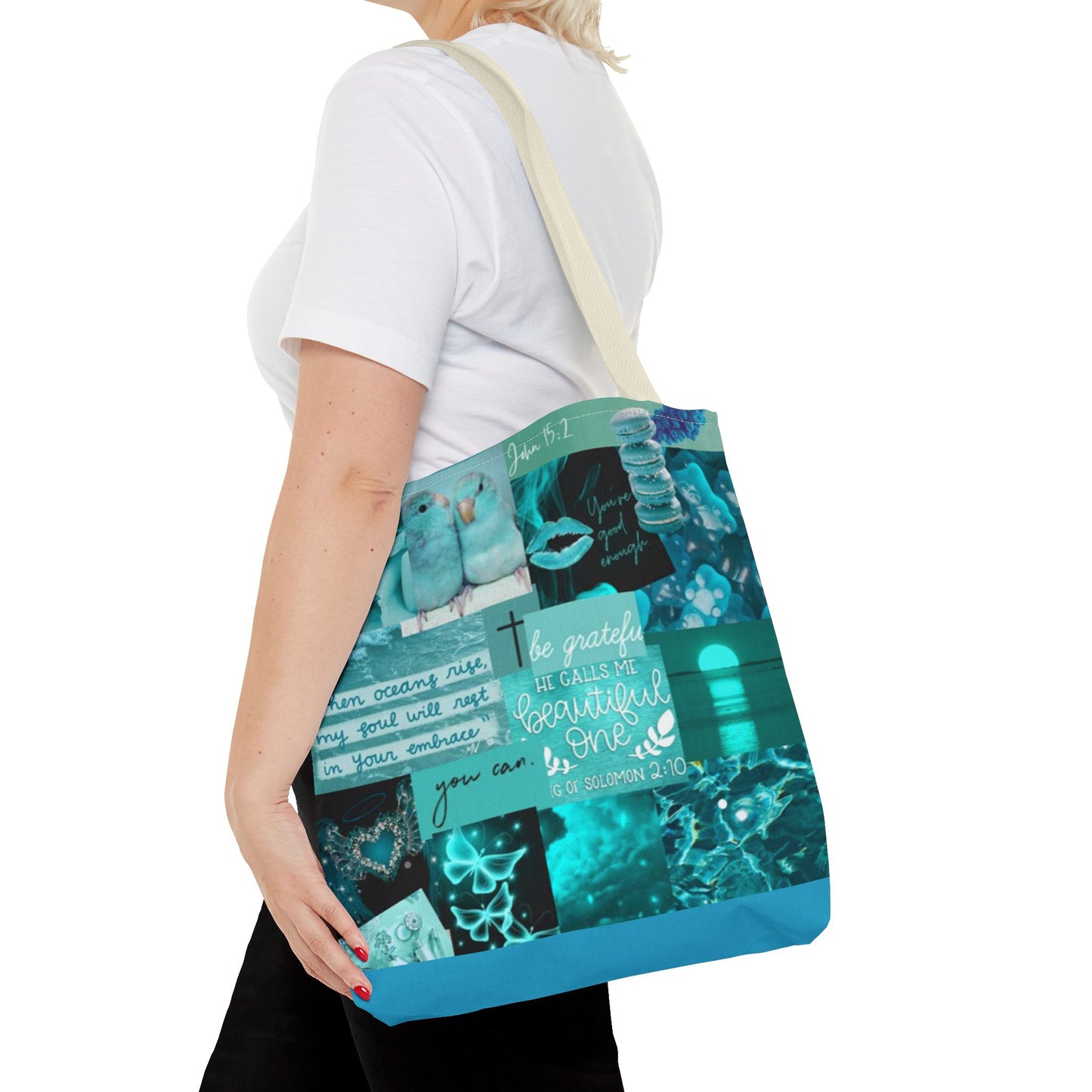 Beautiful one tote teal blue identity & scripture collage