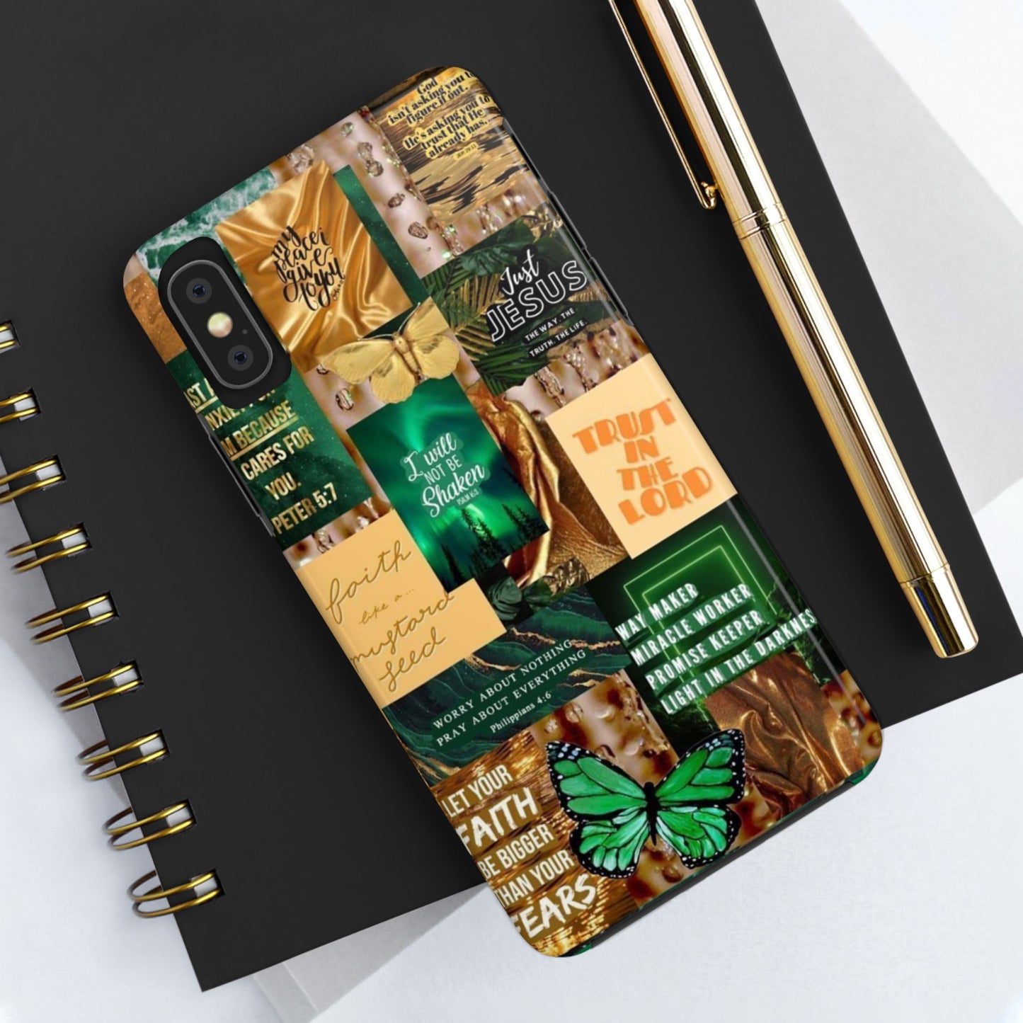 Trust in the lord Phone Case green and gold scripture collage