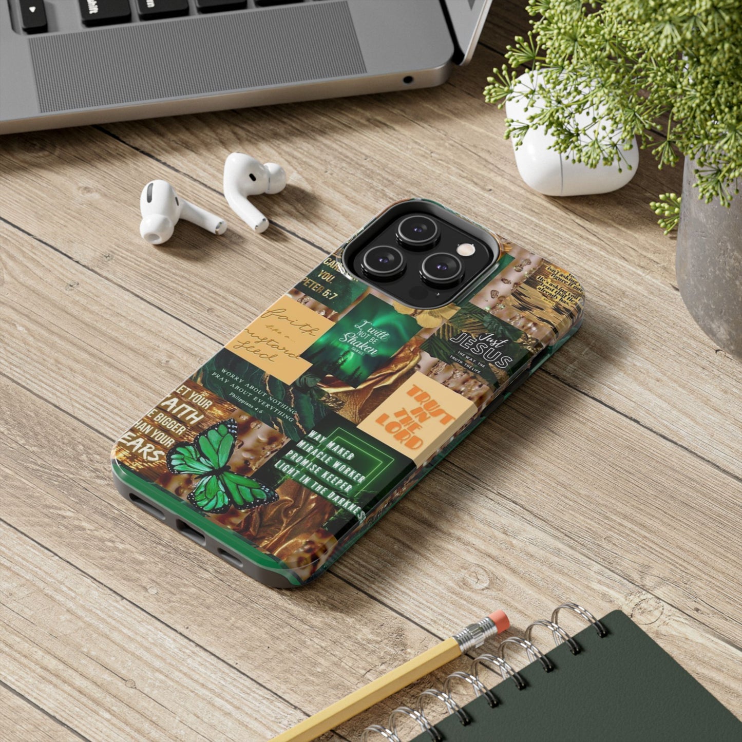 Trust in the lord Phone Case green and gold scripture collage