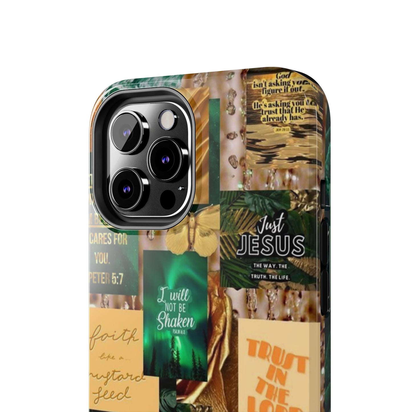 Trust in the lord Phone Case green and gold scripture collage