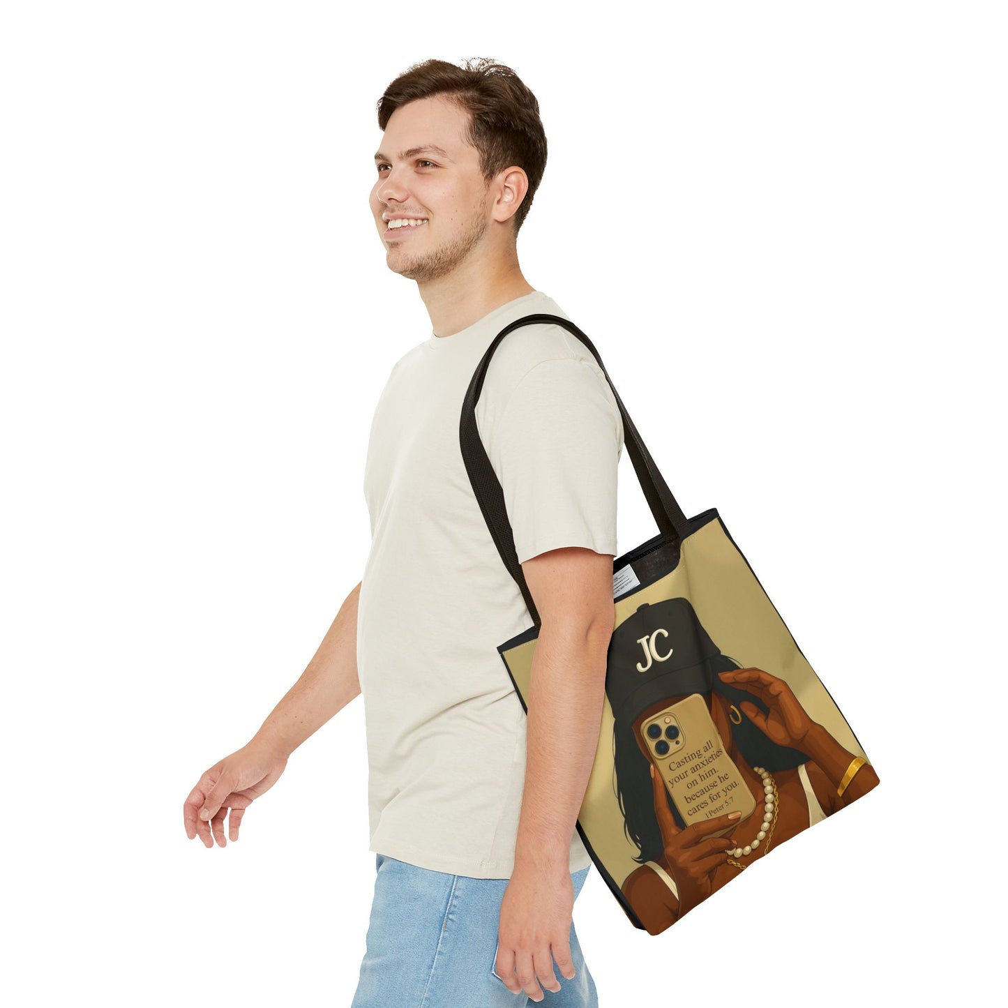 Chic Motivational Tote Bag - "Casting All Your Anxieties on Him" Design