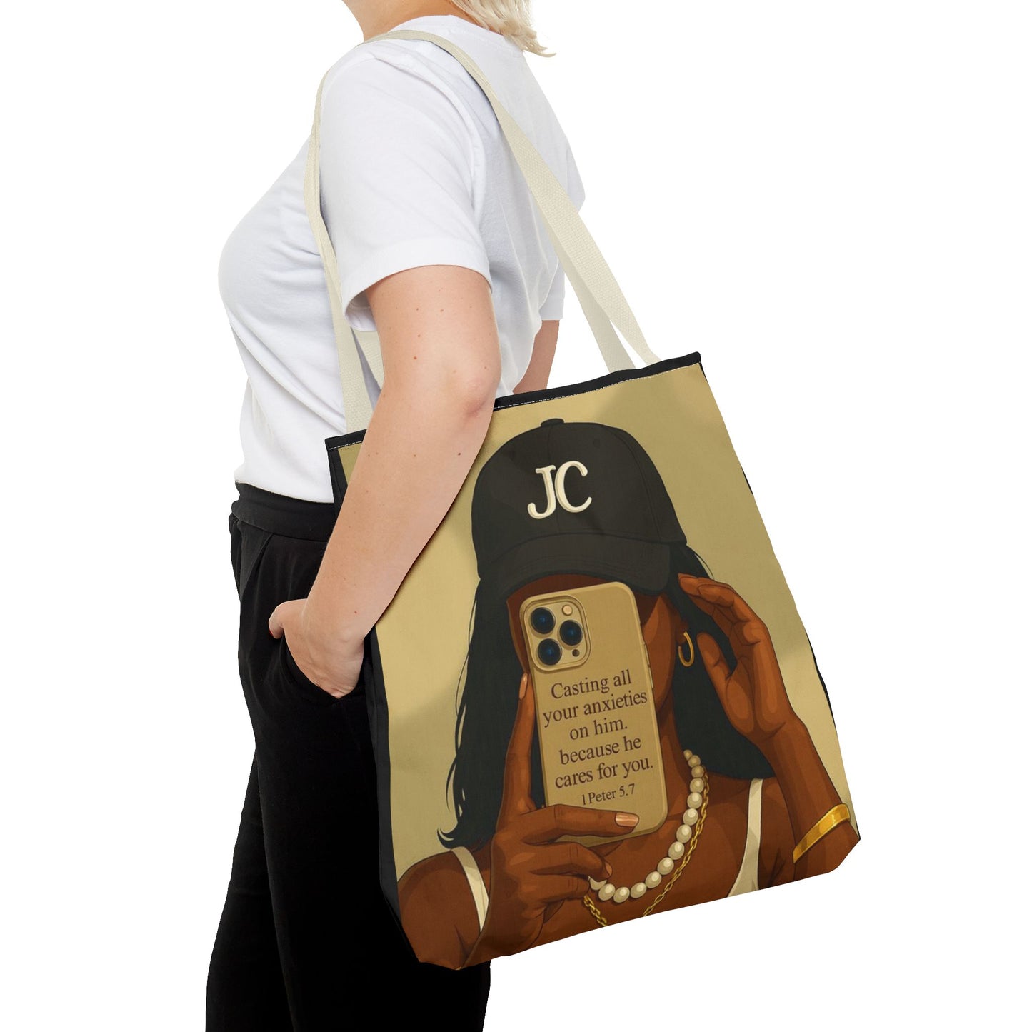 Chic Motivational Tote Bag - "Casting All Your Anxieties on Him" Design