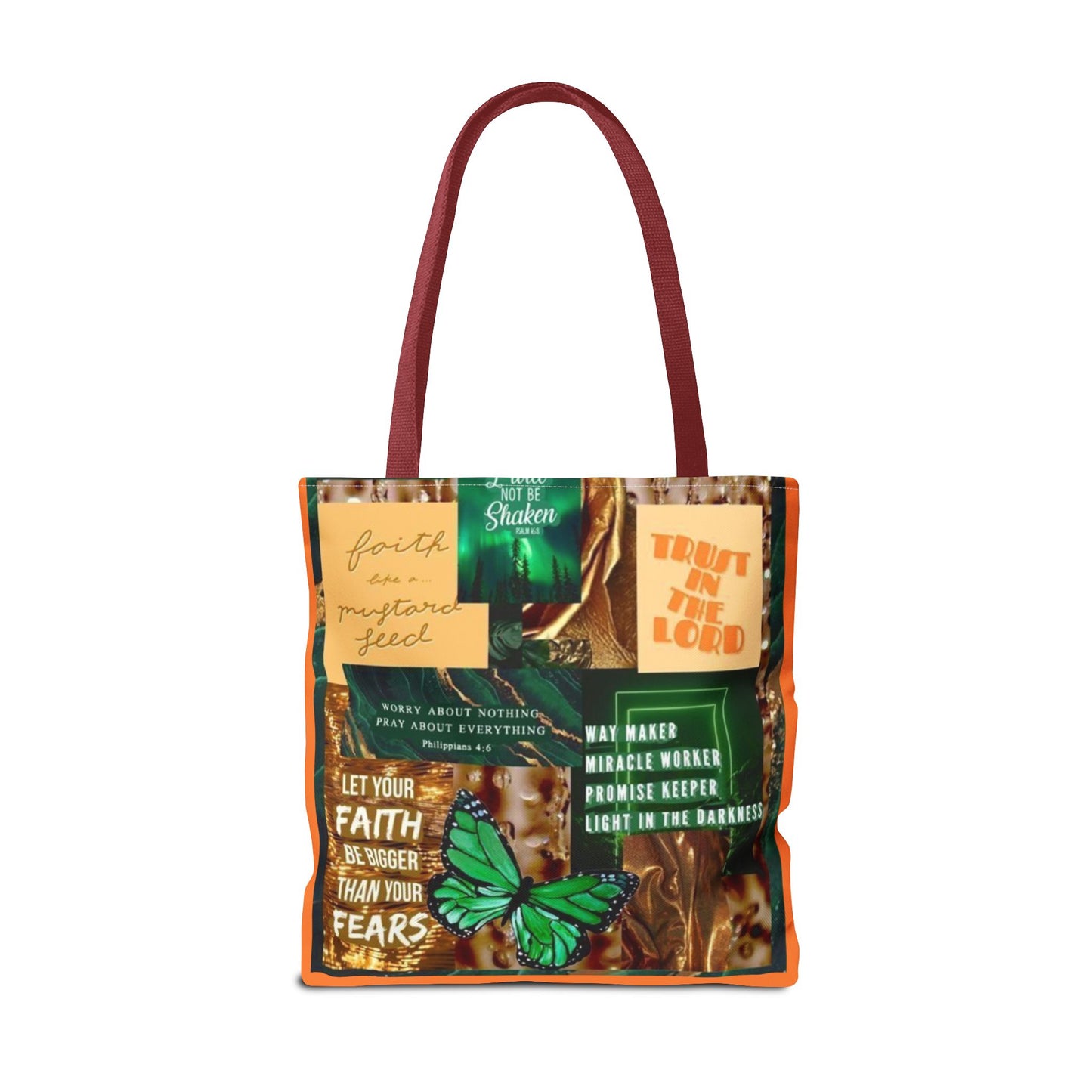 Faith over fear tote green and orange scripture collage bag