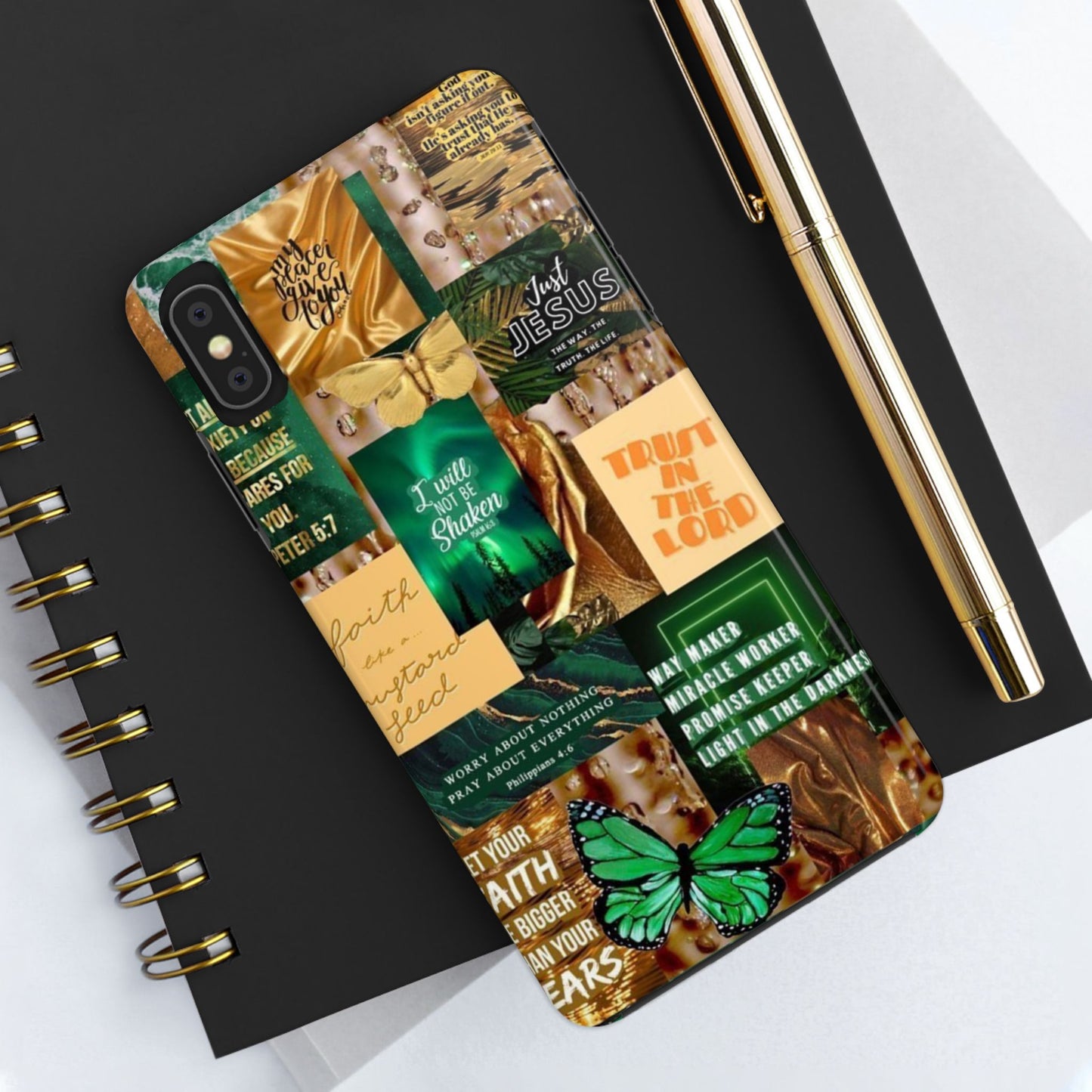 Trust in the lord Phone Case green and gold scripture collage