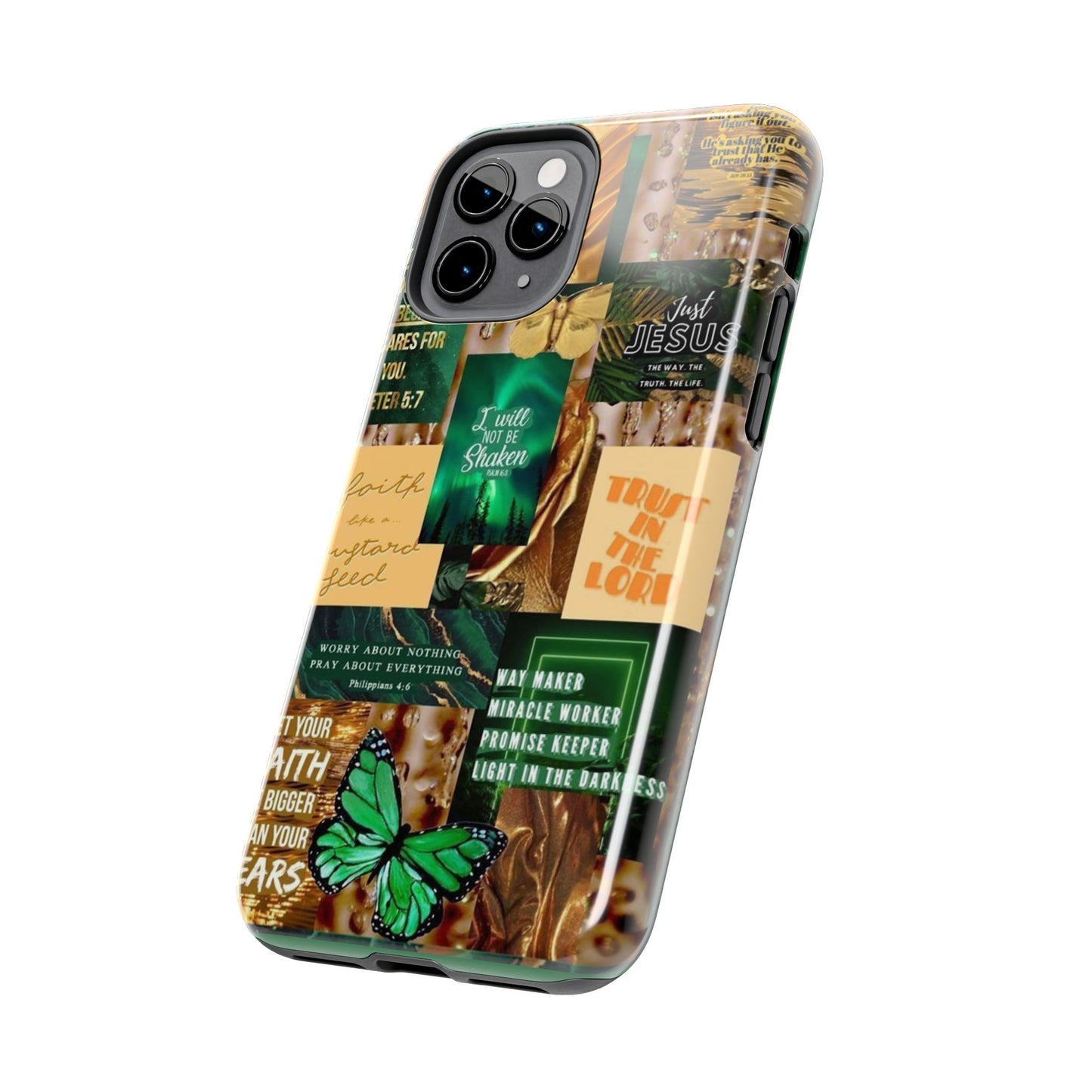 Trust in the lord Phone Case green and gold scripture collage
