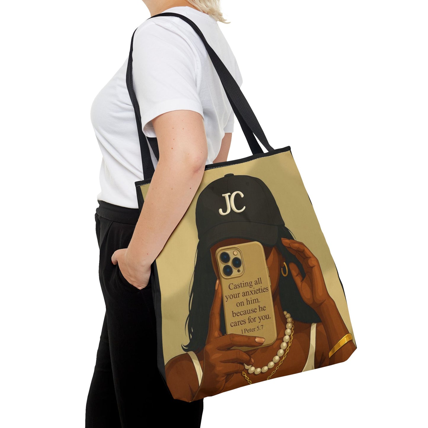 Chic Motivational Tote Bag - "Casting All Your Anxieties on Him" Design