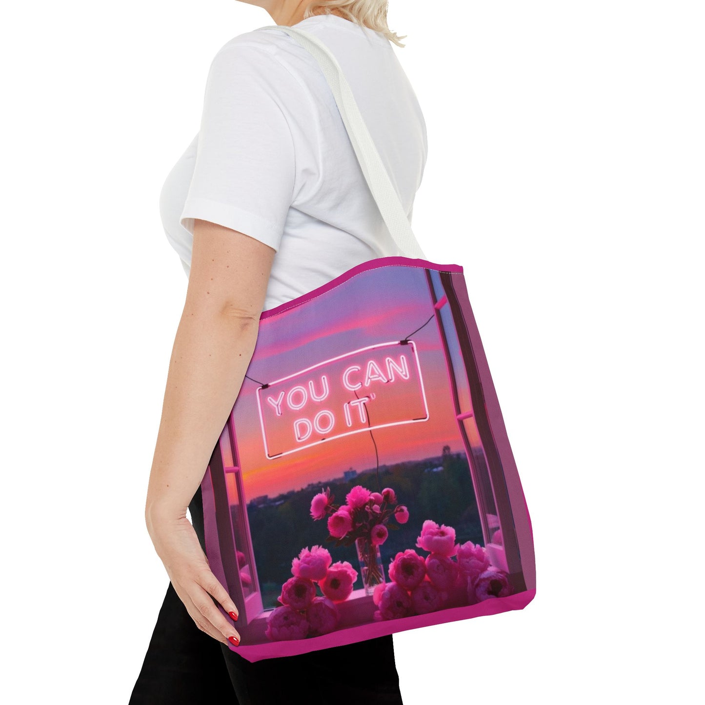 You can do it to faith, flowers, and  fierceness tote bag