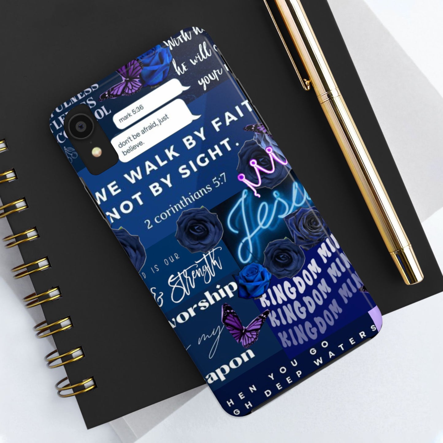Kingdom mindset phone case deep blue faith & scripture collage