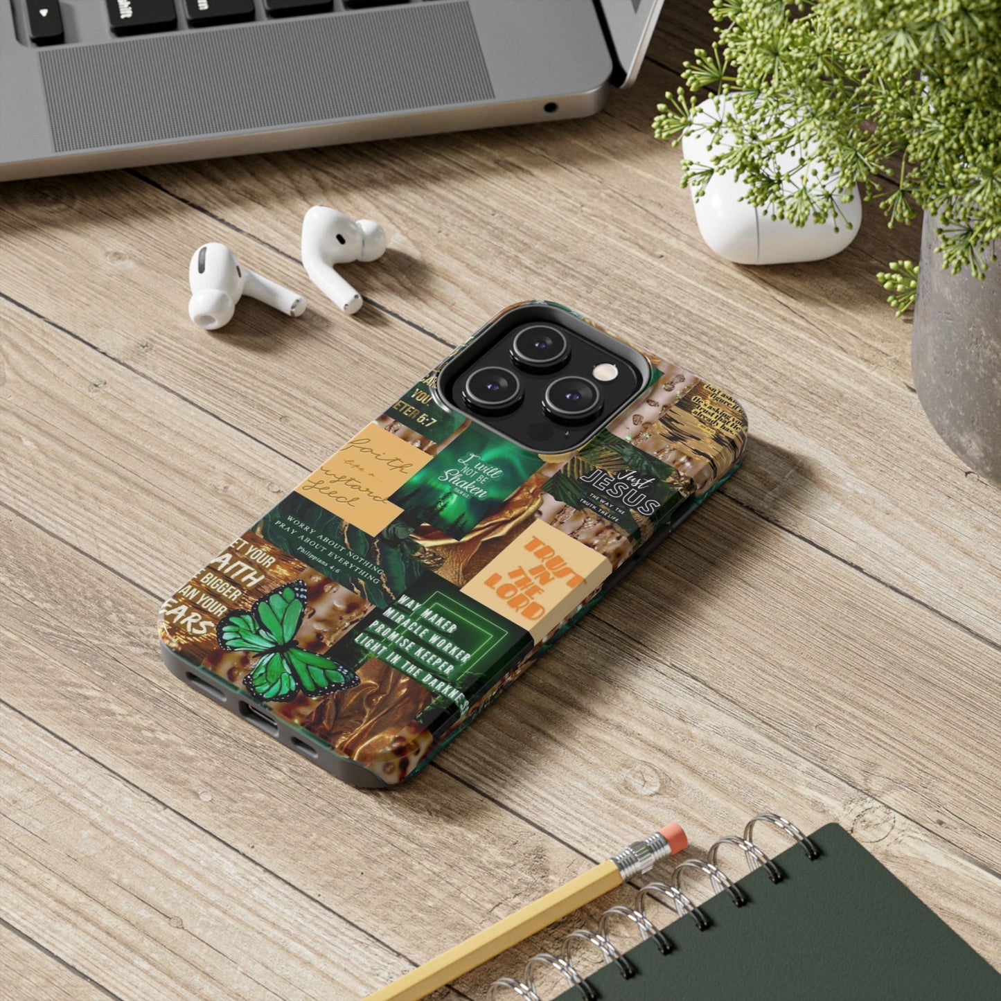 Trust in the lord Phone Case green and gold scripture collage