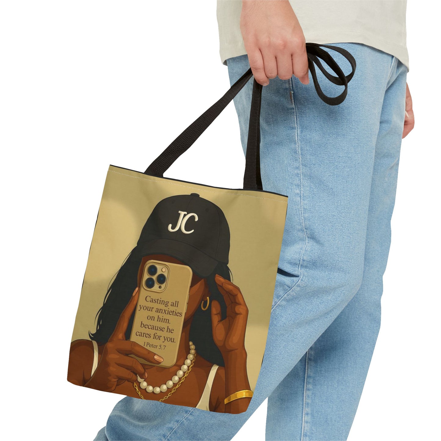 Chic Motivational Tote Bag - "Casting All Your Anxieties on Him" Design