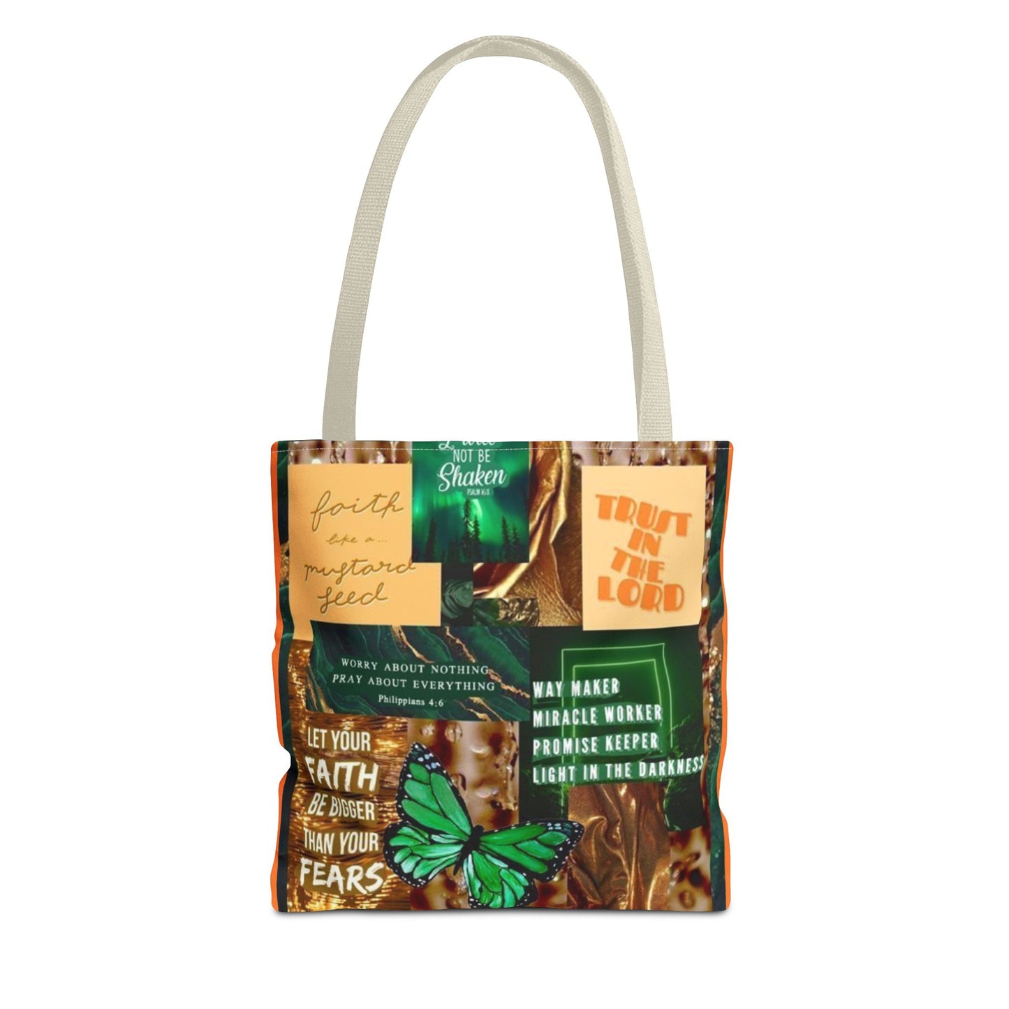 Faith over fear tote green and orange scripture collage bag